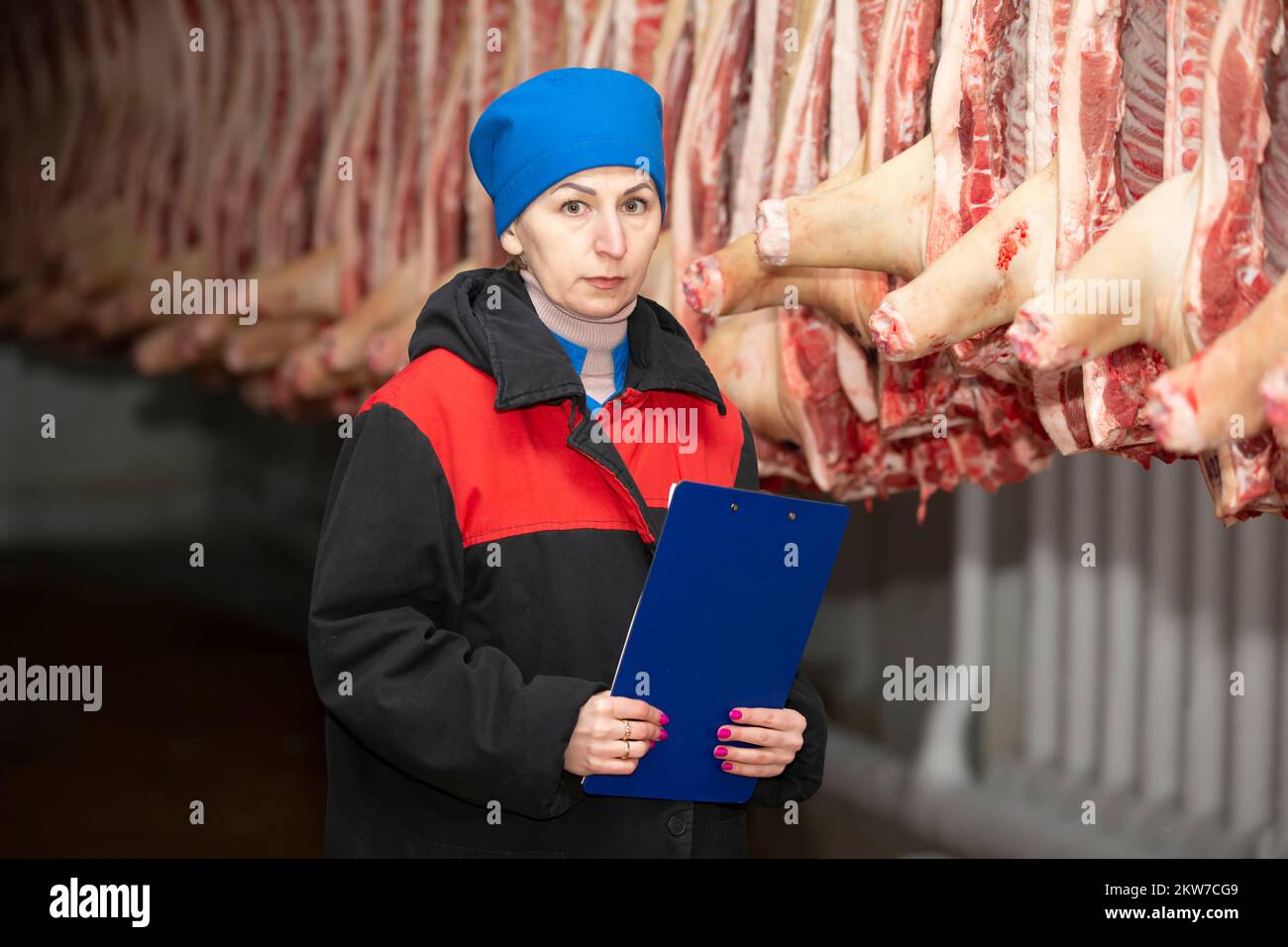 Fleischverpackungsarbeiter vor geschlachteten Schlachtkörpern. Fleischproduktion. Ein professioneller Schläger Stockfoto