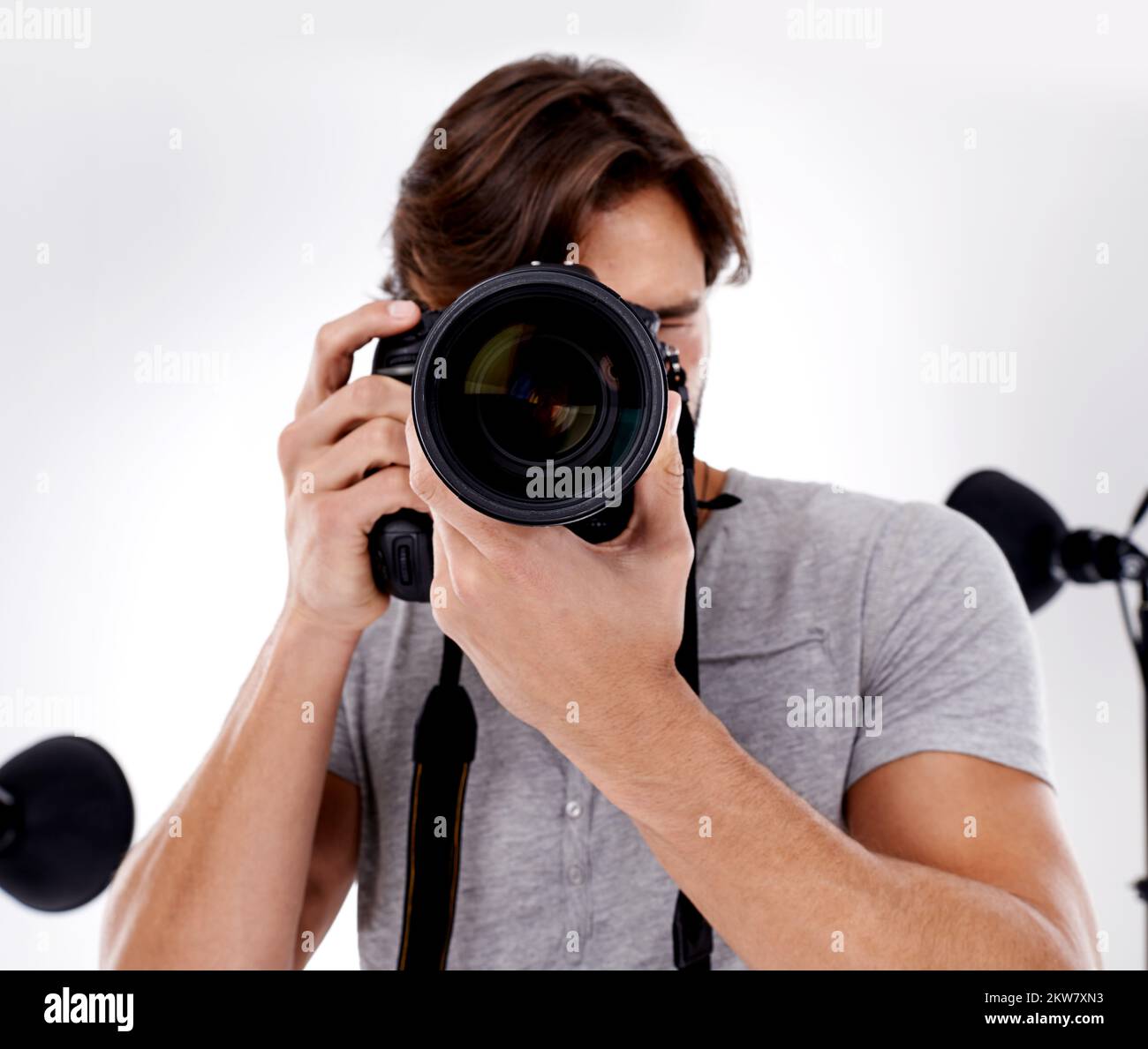 Sagen Sie Käse. Nahaufnahme eines Fotografen, der Ihr Bild aufnehmen wird. Stockfoto