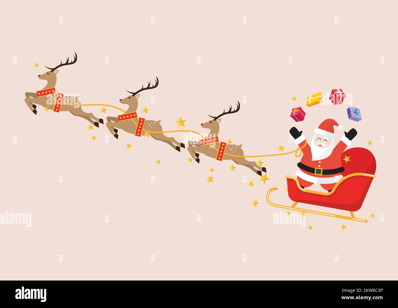 Der Weihnachtsmann jongliert mit Geschenkschachteln auf einem Rentierschlitten. Vektordarstellung Stock Vektor