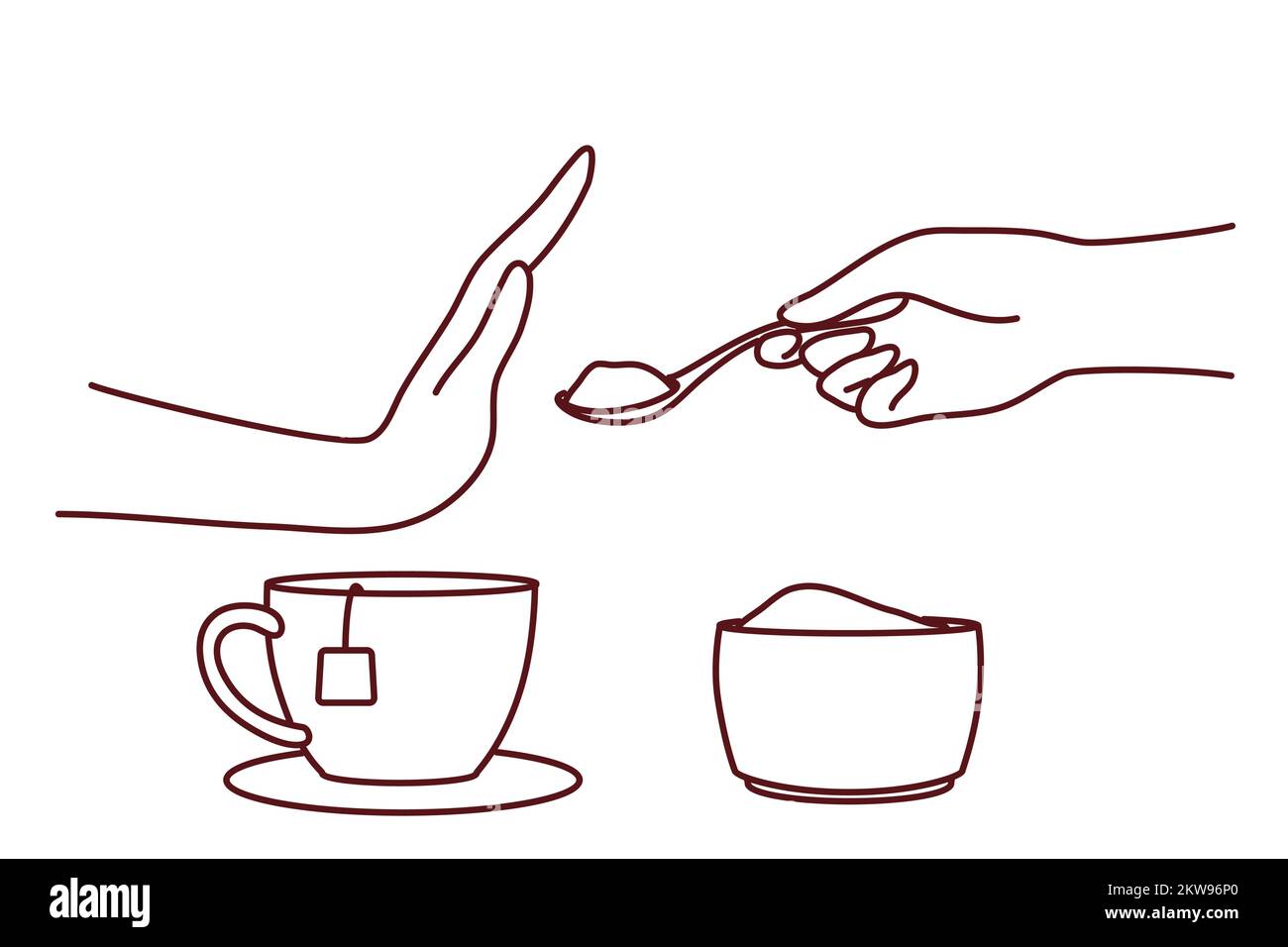 Die Person sagt Nein zu Zucker in Tee oder Kaffee. Mann oder Frau machen Hand Geste verweigern von süßen Zusätzen folgen einem gesunden Lebensstil. Vektorgrafik. Stock Vektor