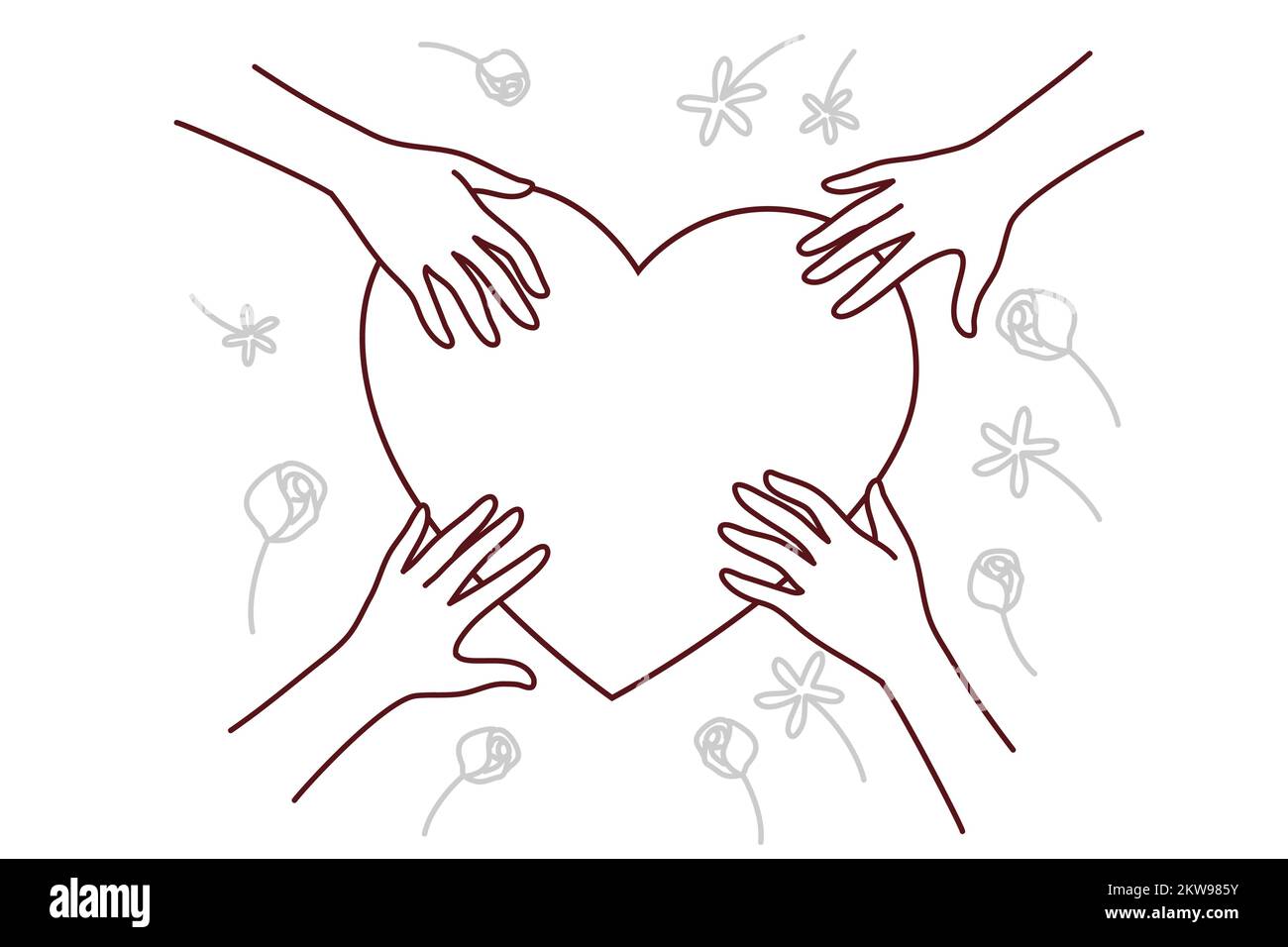 Nahaufnahme der Hände in der Nähe von Herzzeichen teilen Liebe und Fürsorge. Verschiedene Menschen, die das Herz berühren, zeigen Zuneigung und Dankbarkeit. Vektorgrafik. Stock Vektor