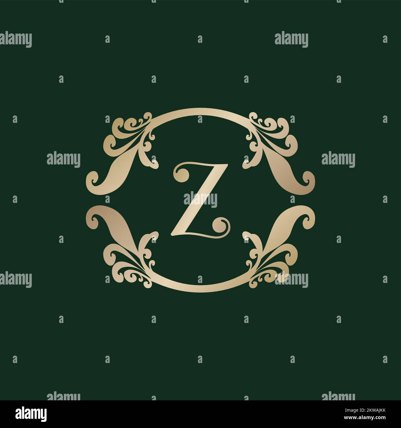 Logo mit Buchstabe Z und luxuriösem goldenen Rahmen. Elegantes Geschwungenes Blumenmuster. Stock Vektor