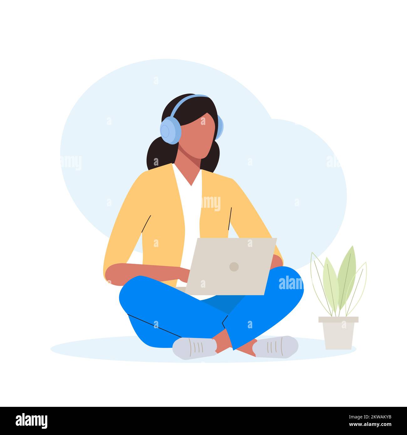 Eine Studentin mit Kopfhörern, die mit einem Laptop lernt. Online-Fernunterrichtskonzept. E-Learning durch Webinar-Schulung oder Vorlesung. Flache Vektorbeleuchtung Stock Vektor