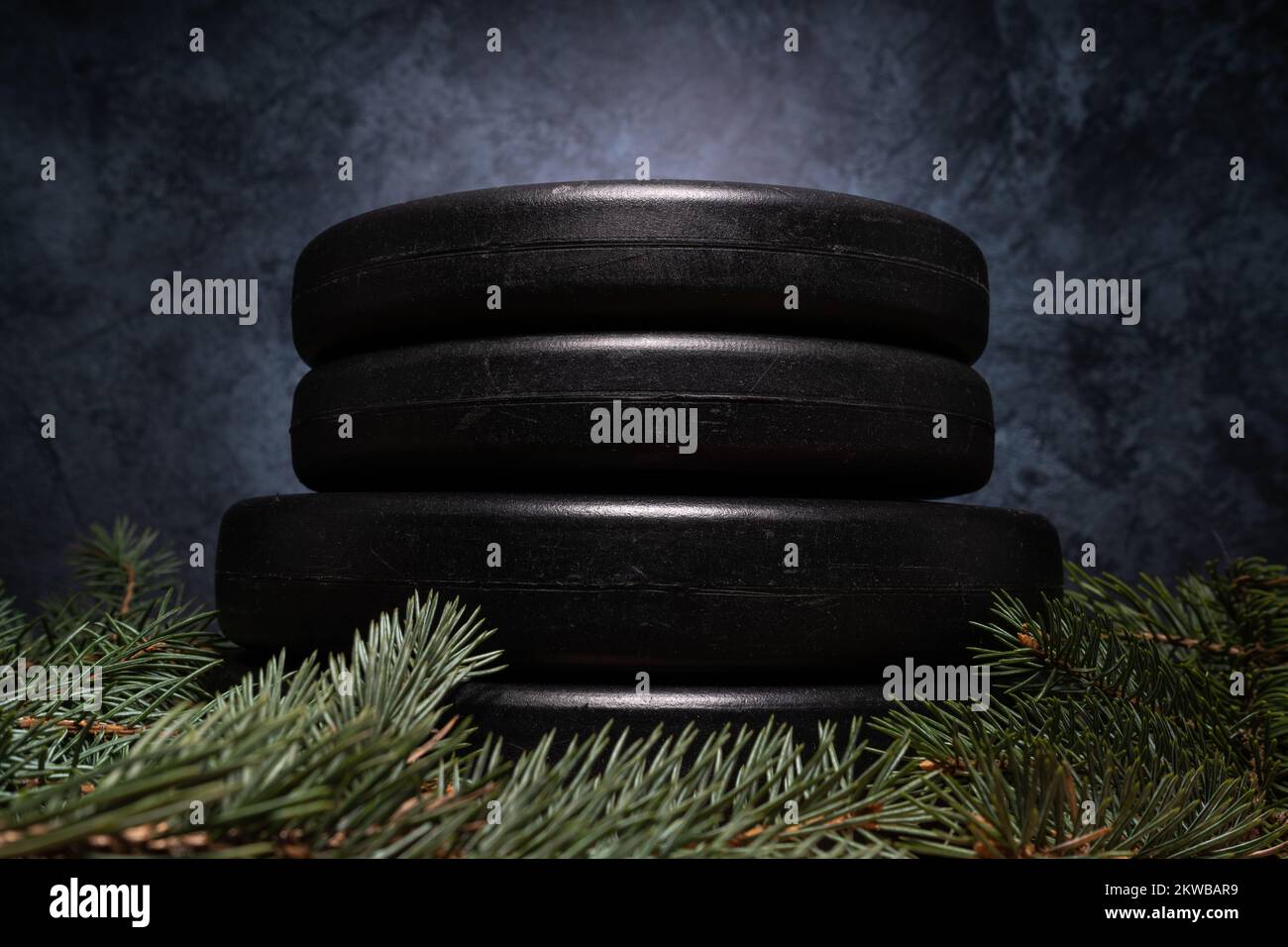 Hantelglockengewichtsteller und Weihnachtsbaumzweige. Fitness-Feiertage Winterzusammensetzung. Fitnessstudio und Sporttrainingskonzept. Stockfoto