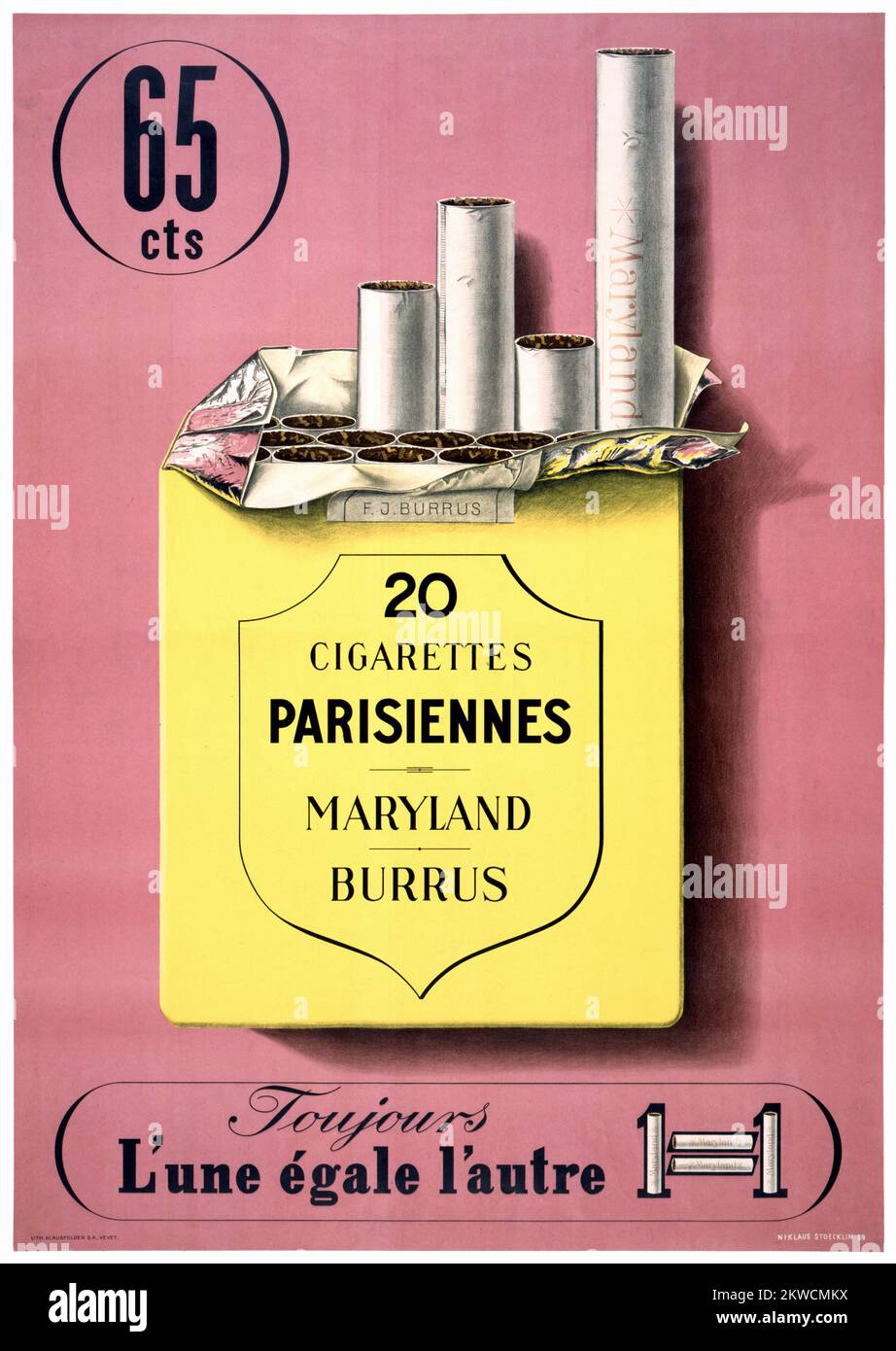 20 Zigaretten Parisiennes von Niklaus Stoecklin (1896-1982). Poster wurde 1939 in Frankreich veröffentlicht. Stockfoto