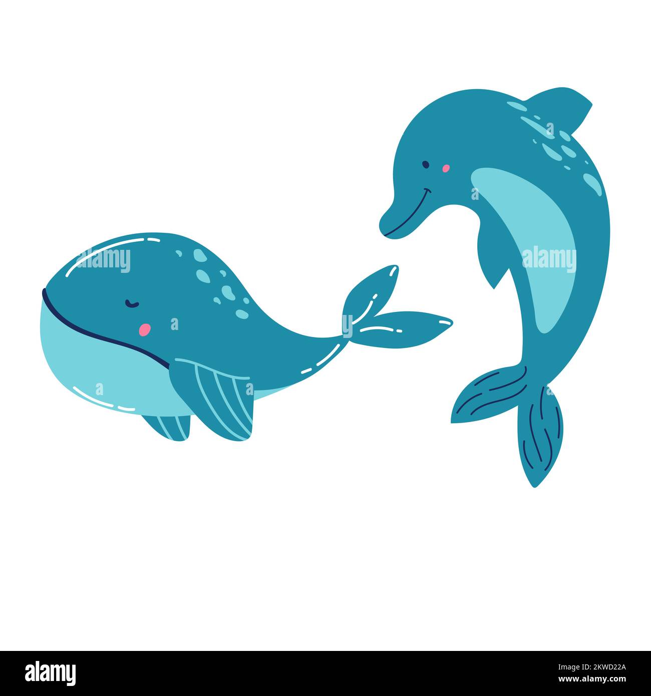 Gruppe von Blauwalen, Haien, Pottwalen, Delfinen, Belugawalen, Narwal-Killerwale. Cartoon-Vektorgrafiken. Stock Vektor