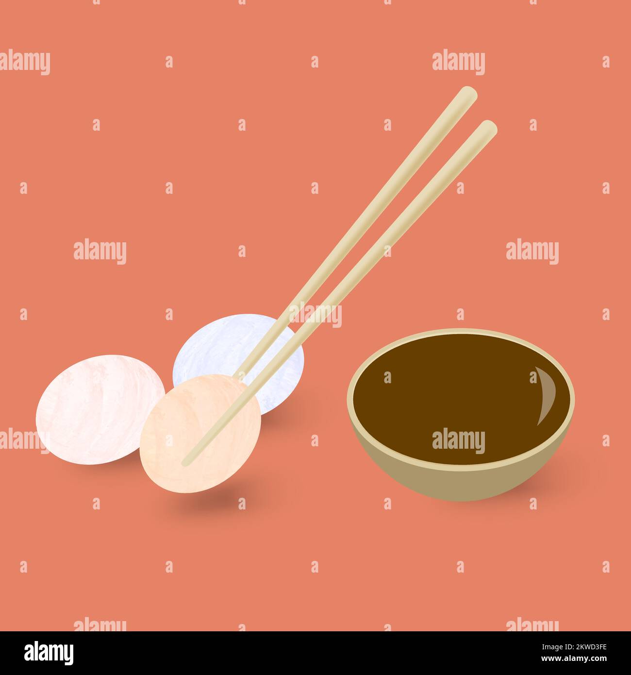 Bunte Mochi-Reisbällchen mit Essstäbchen und Sojasoße auf rotem Hintergrund. Vektorbild. Stock Vektor