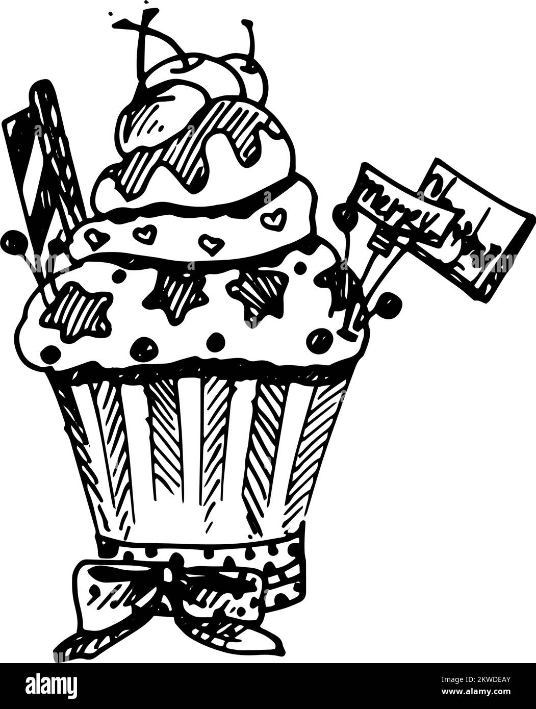 Illustration des künstlerischen Weihnachtslieblings. Cupcake. Weihnachtskarte mit Vintage-Design für das neue Jahr oder Einladung auf Weiß Stock Vektor