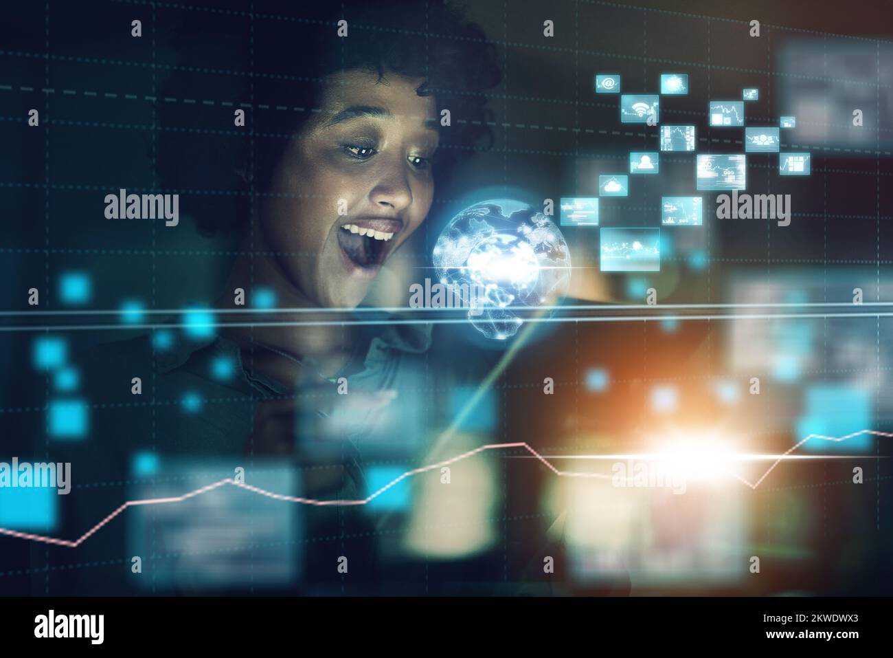 Global Telecommunication Overlay, futuristisches iot-Hologramm und ein digitales 5G-Netzwerkkommunikationssystem. Frau Wow, Zukunftsinformationen Stockfoto