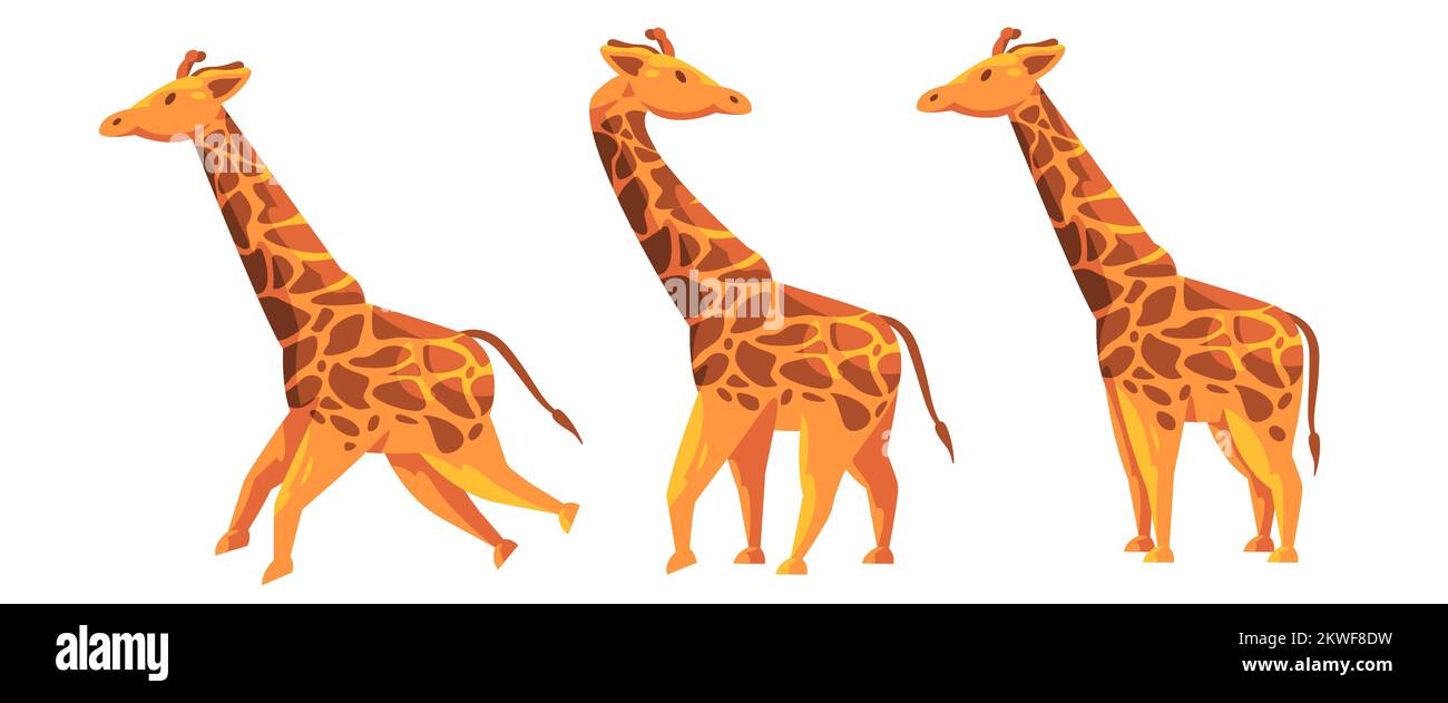 Giraffe mit langem Hals, Running Stand, Drehset-Kollektion, Illustration eines afrikanischen Safaritiers Stock Vektor