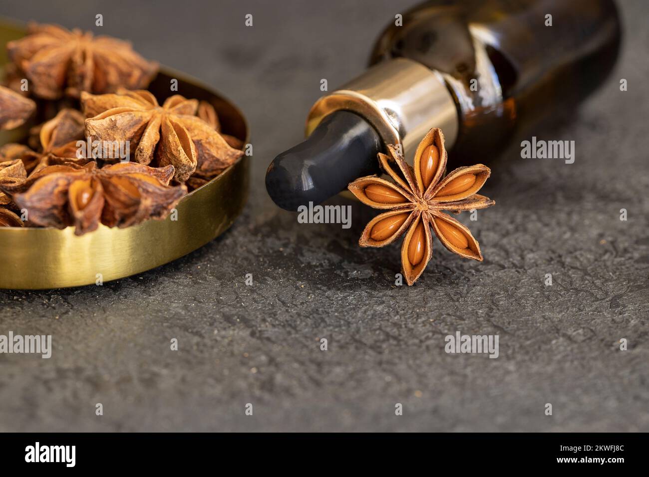 Ätherisches Anissteröl in Glasflasche und natürliches Anissternwürz auf dunklem Betonhintergrund. Aromatherapie und Ayurveda-Konzept. Stockfoto