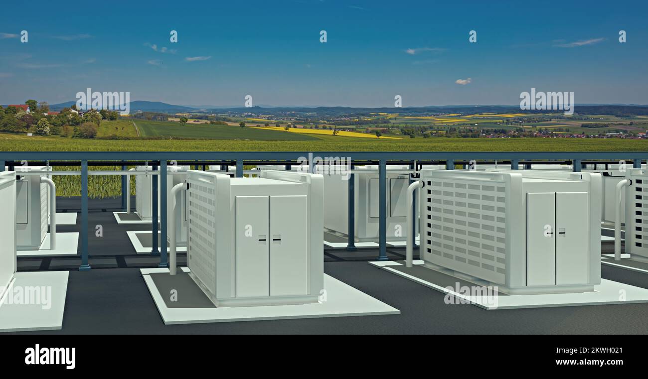 Ein moderner Batteriespeicher in der Natur Stockfoto