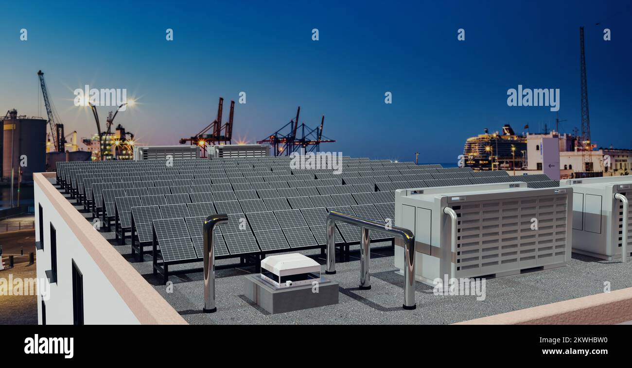Installation von Solarmodulen und Batteriespeicher auf dem Dach eines Hochhauses, 3D Abbildung Stockfoto