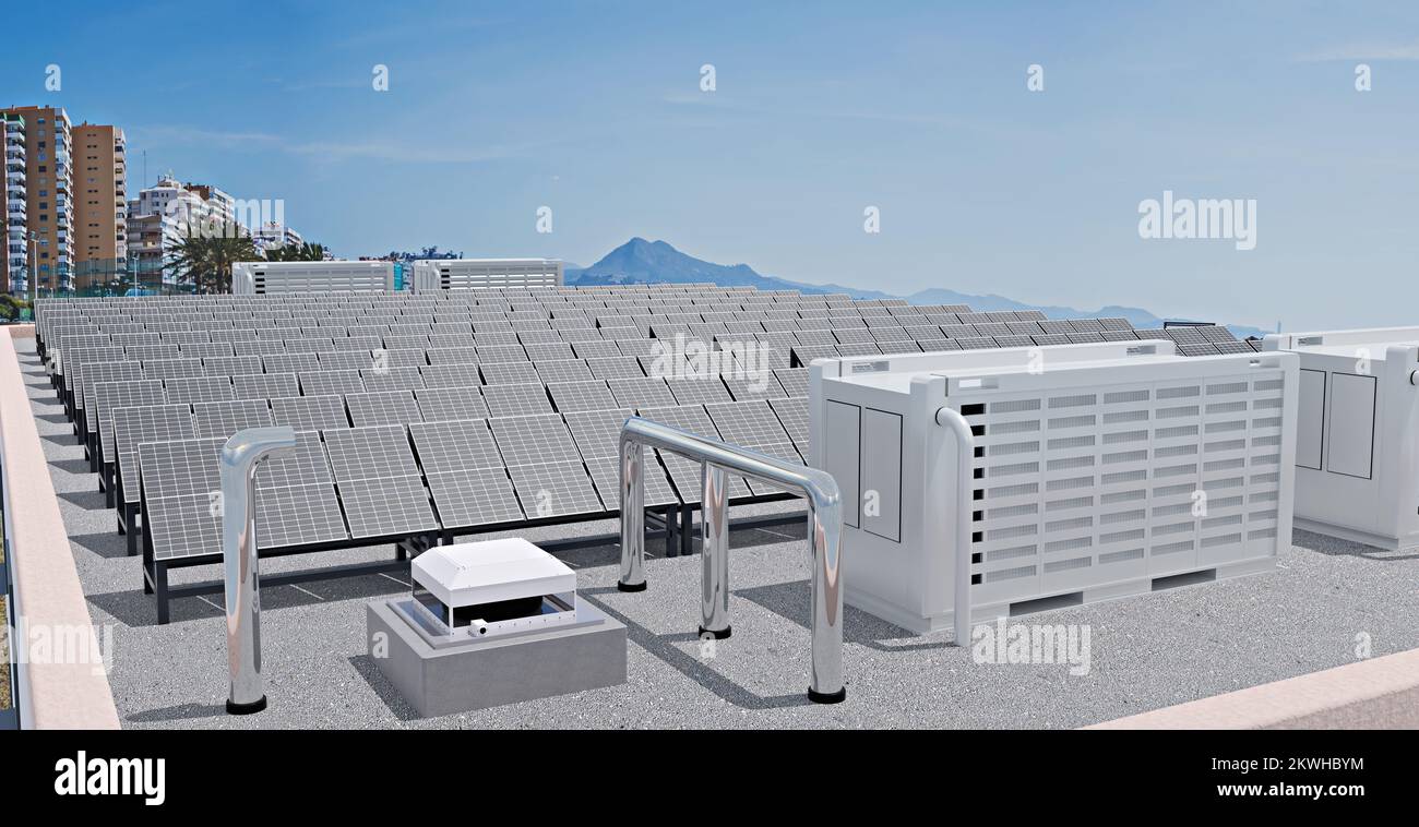 Installation von Solarmodulen und Batteriespeicher auf dem Dach eines Hochhauses, 3D Abbildung Stockfoto
