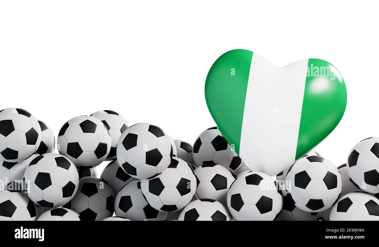 Nigeria Flaggenherz mit Fußballhintergrund. Fußball-Banner. 3D-Rendering Stockfoto