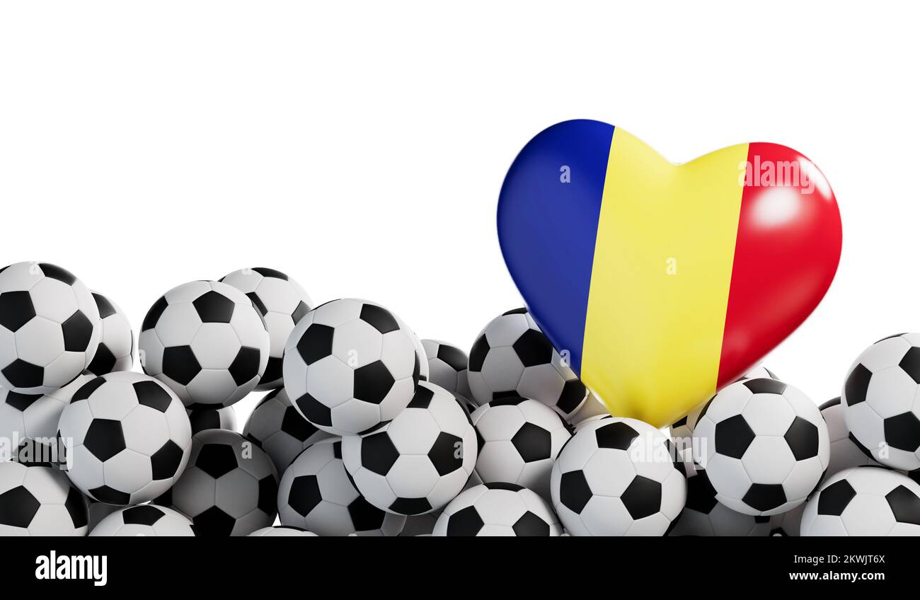 Rumänisches Flaggenherz mit Fußballhintergrund. Fußball-Banner. 3D-Rendering Stockfoto