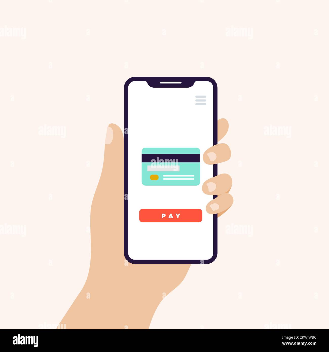 Halten Sie das Smartphone mit der Hand in vertikaler Position auf dem Banner. Bildschirm mit Kreditkartensymbol und Zahlungsschaltfläche. Konzept für Online-Zahlung, Banking. Vektor-Illustration Stock Vektor