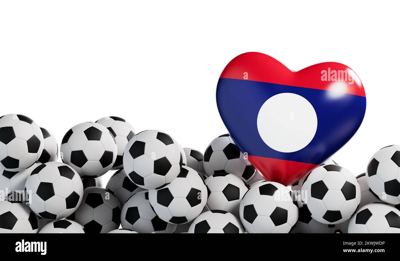Laotisches Fahnenherz mit Fußballhintergrund. Fußball-Banner. 3D-Rendering Stockfoto
