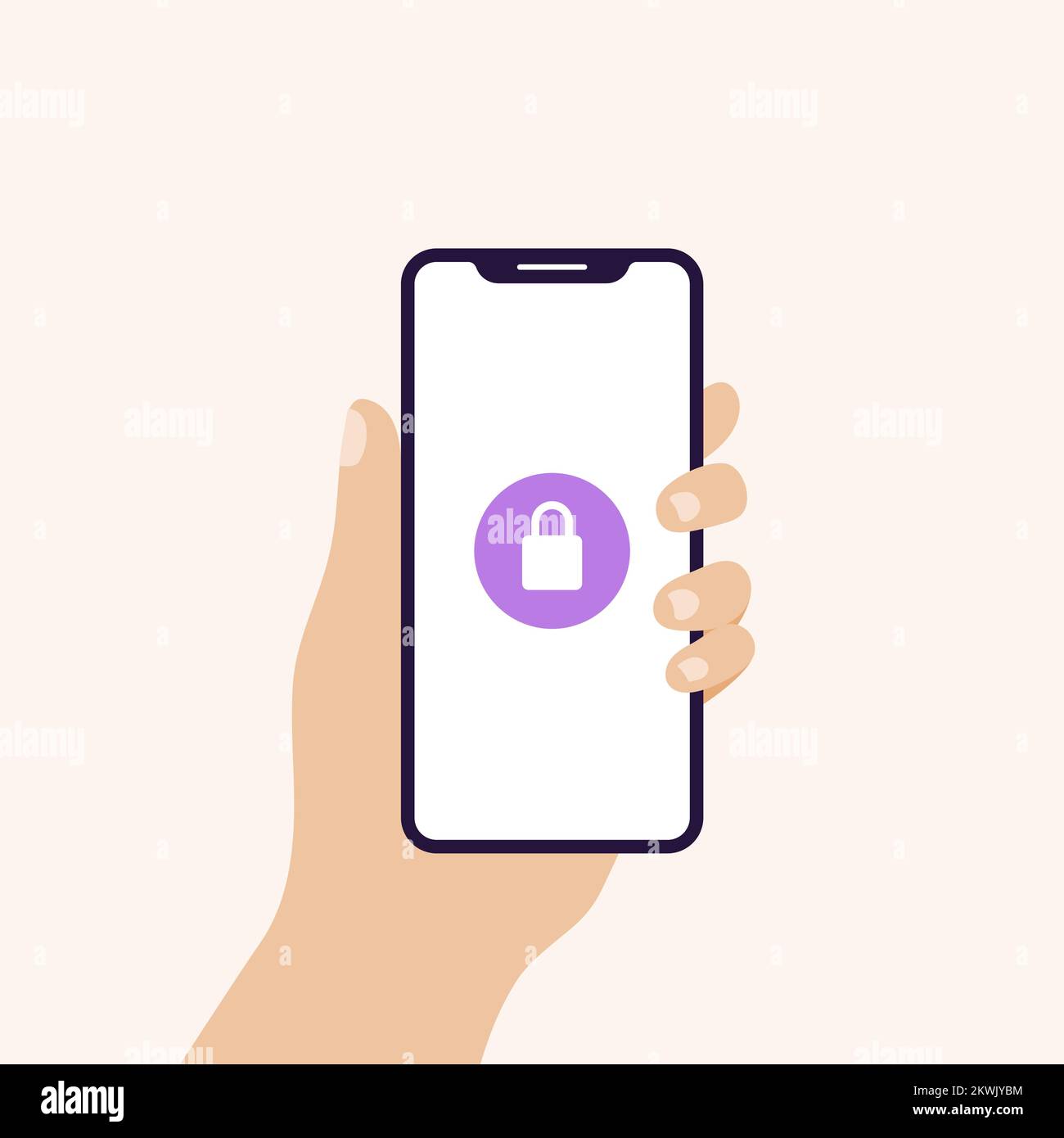 Halten Sie das Smartphone mit der Hand in vertikaler Position auf dem Banner. Bildschirm mit geschlossenem Vorhängeschloss. Konzept von Cybersicherheit, Passwort, Datenschutz. Vektordarstellung, f Stock Vektor