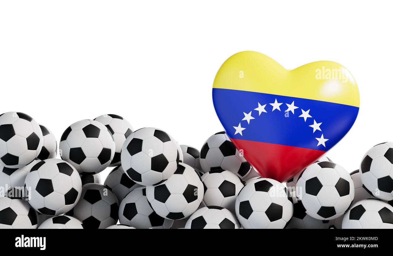Venezuela Flaggenherz mit Fußballhintergrund. Fußball-Banner. 3D-Rendering Stockfoto