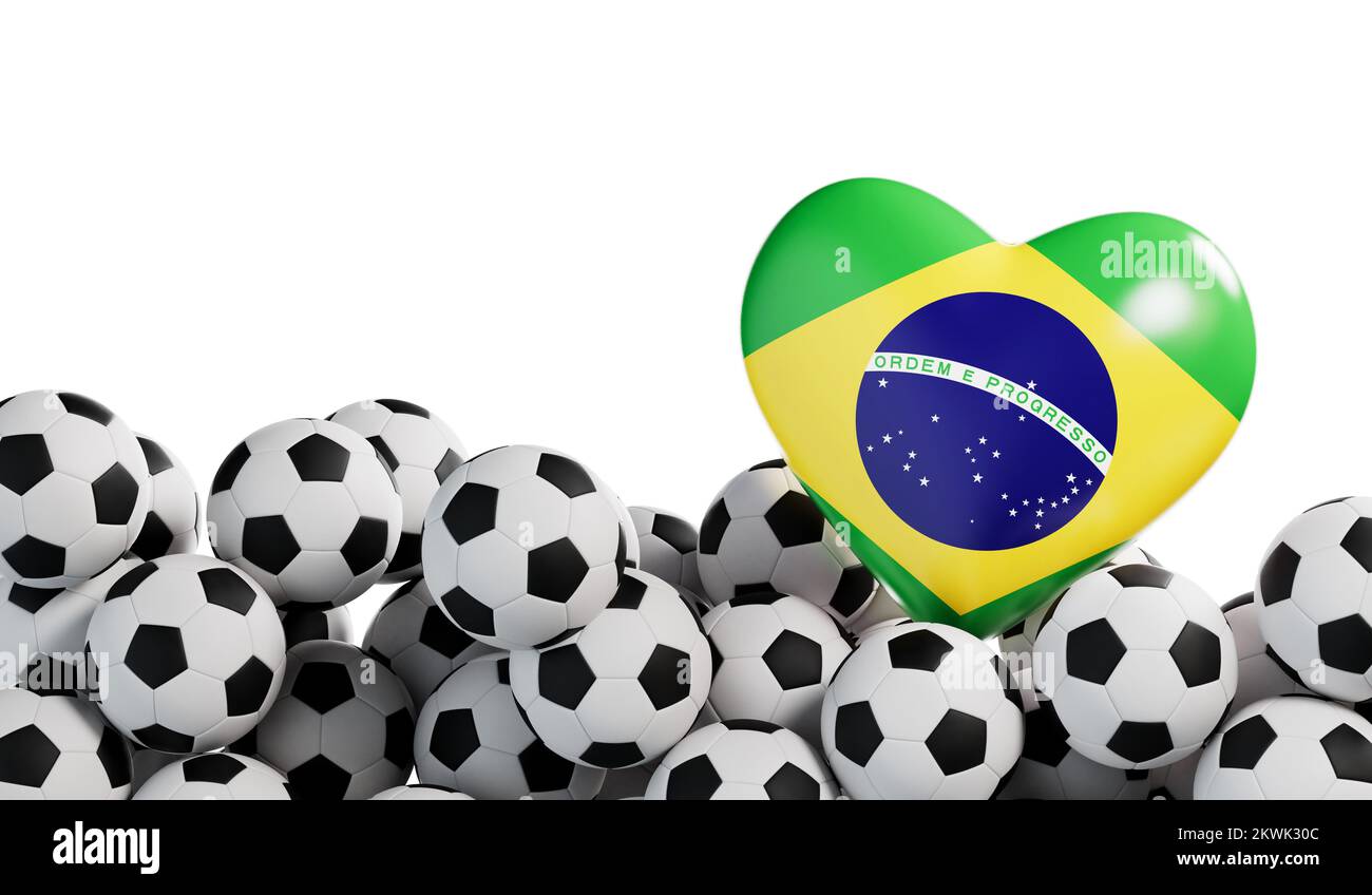 Brasilianisches Flaggenherz mit Fußballhintergrund. Fußball-Banner. 3D-Rendering Stockfoto
