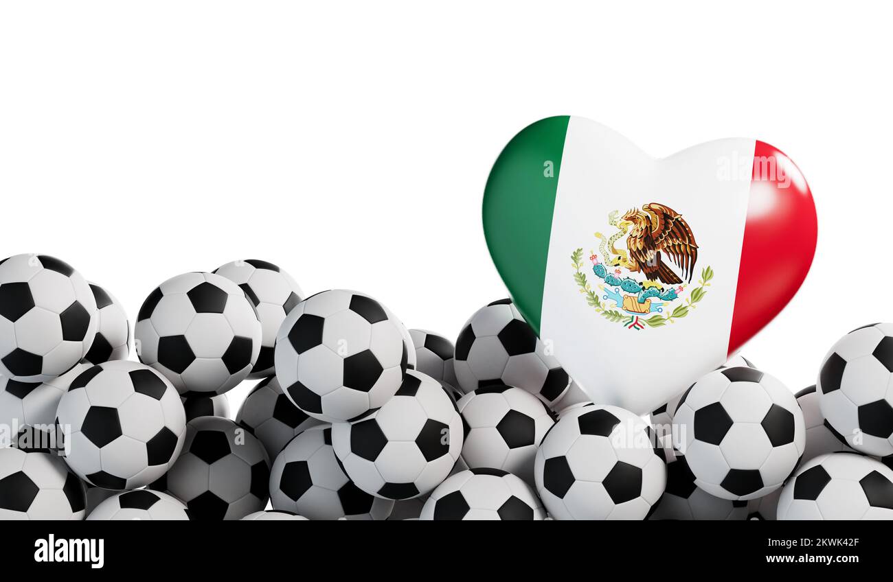 Mexikanisches Flaggenherz mit Fußballhintergrund. Fußball-Banner. 3D-Rendering Stockfoto
