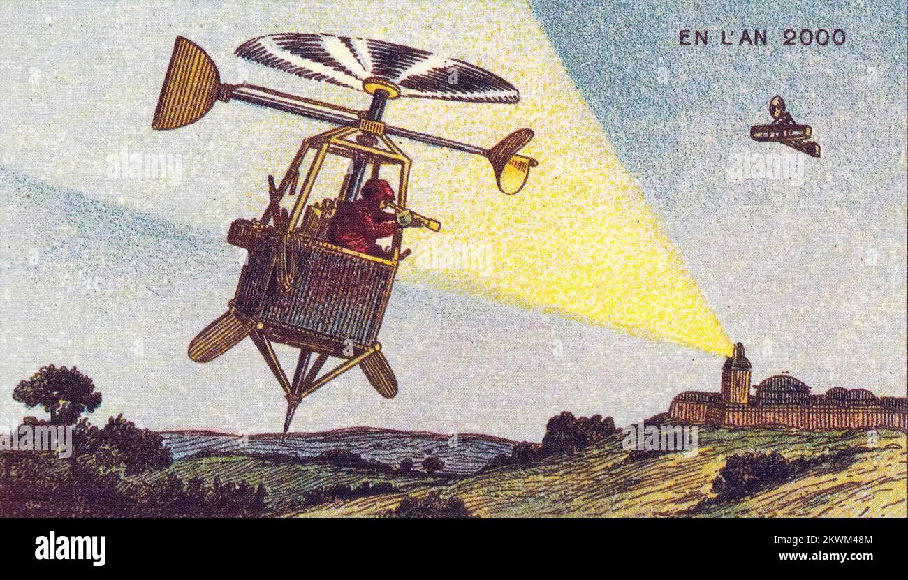 Advance Sentinel in a Helicopter aus der Serie France en L'an 2000 France in the Year 2000 (XXI Century) eine Reihe futuristischer Bilder von Jean-Marc Côté und anderen Künstlern, herausgegeben in Frankreich in den Jahren 1899, 1900, 1901 und 1910. Ursprünglich in Form von Papierkarten, die in Zigaretten-/Zigarrenschachteln eingeschlossen waren, und später als Postkarten, zeigten die Bilder die Welt so, wie sie sich im Jahr 2000 vorgestellt hatte. Stockfoto