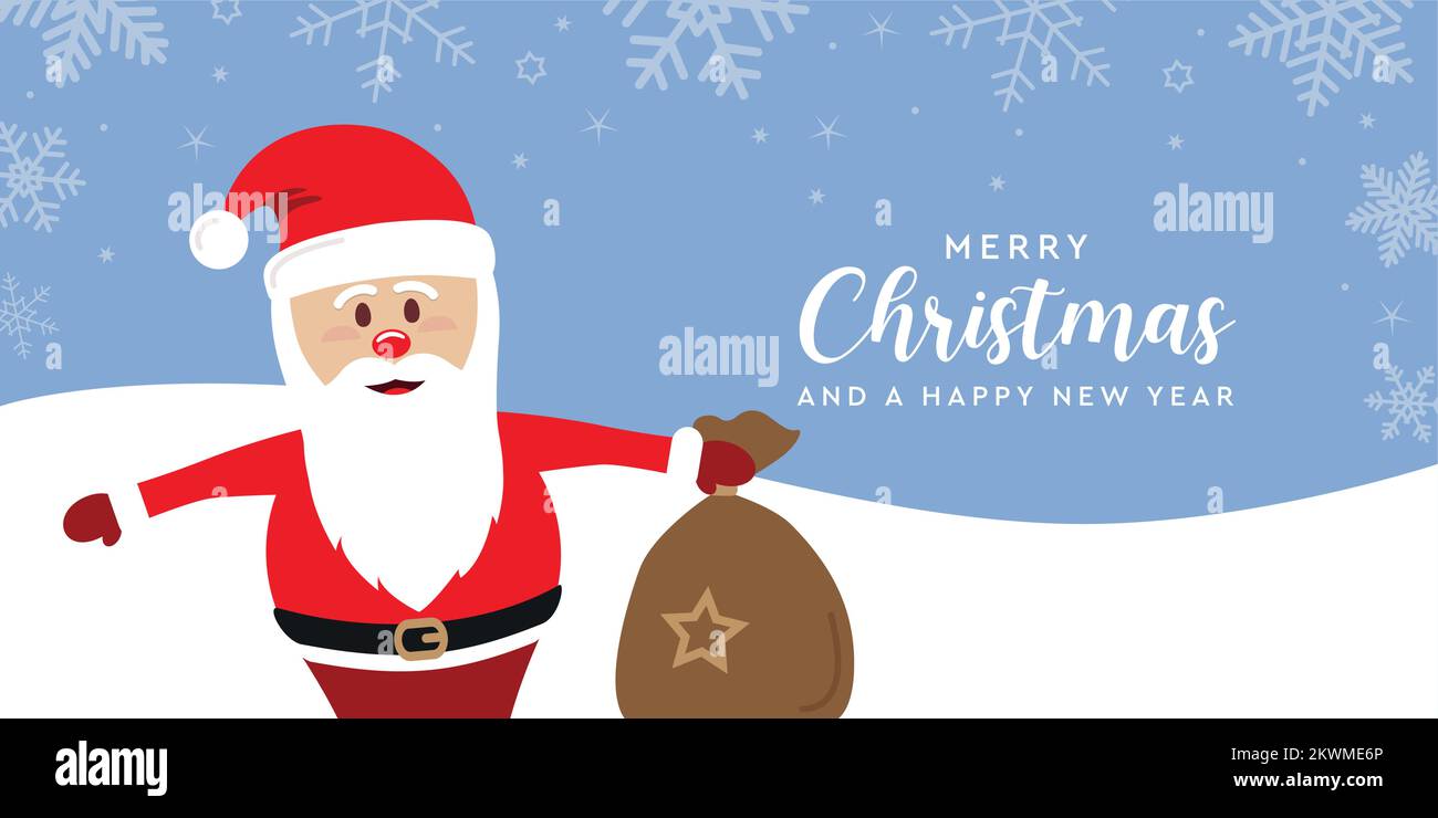 weihnachtsgrußkarte mit niedlichem weihnachtsmann auf verschneitem Hintergrund Stock Vektor
