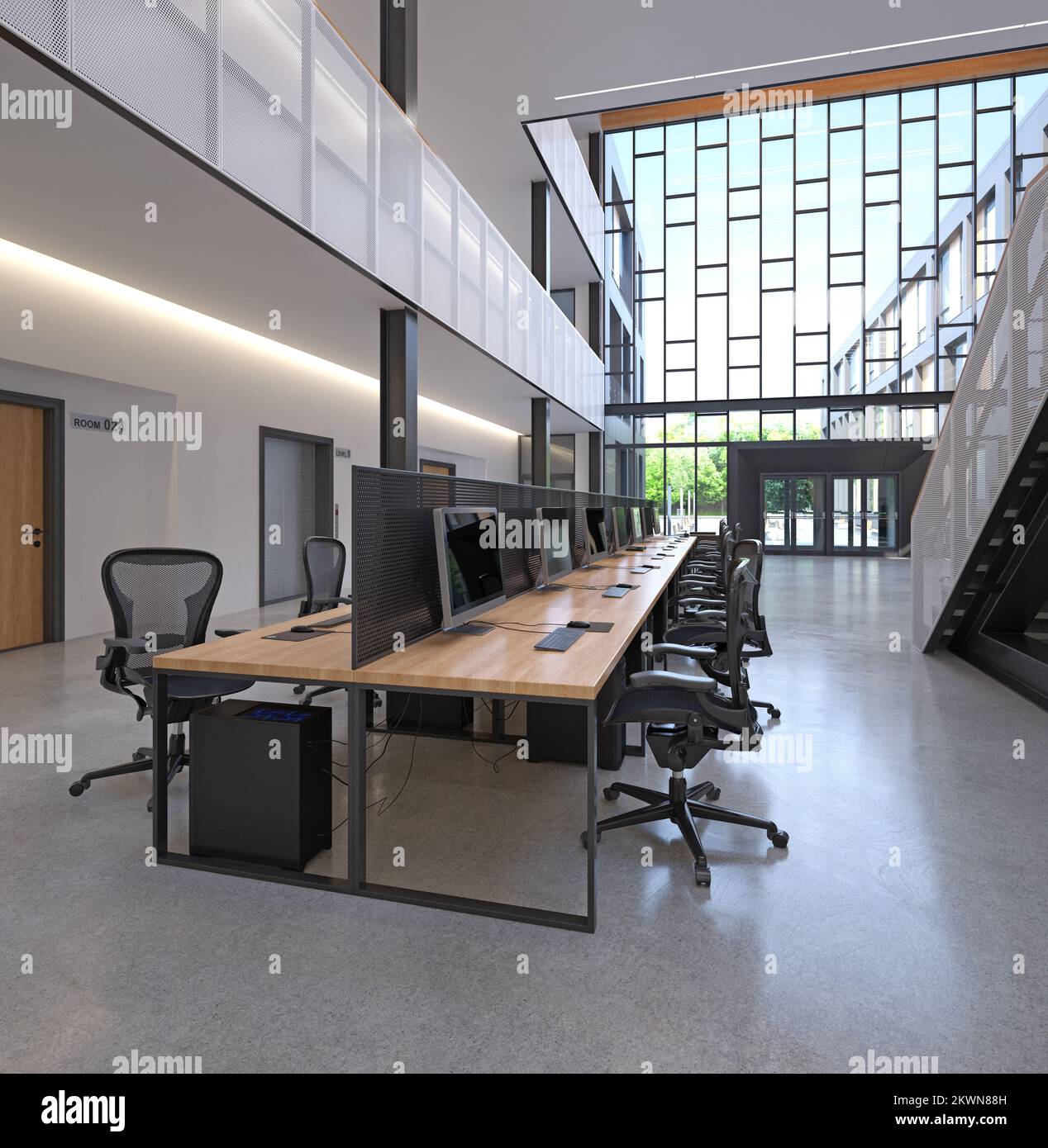 Modernes Büro mit offenem Raum und großen Fenstern, 3D-Zoll-Rendering Stockfoto