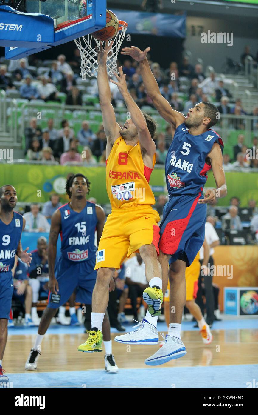 20.09.2013., Arena Stozice, Ljubljana, Slowenien - EuroBasket Slowenien 2013, Halbfinale, Spanien - Frankreich. Jose Calderon, Nicolas Batum. Foto: Igor Kralj/PIXSELL Stockfoto