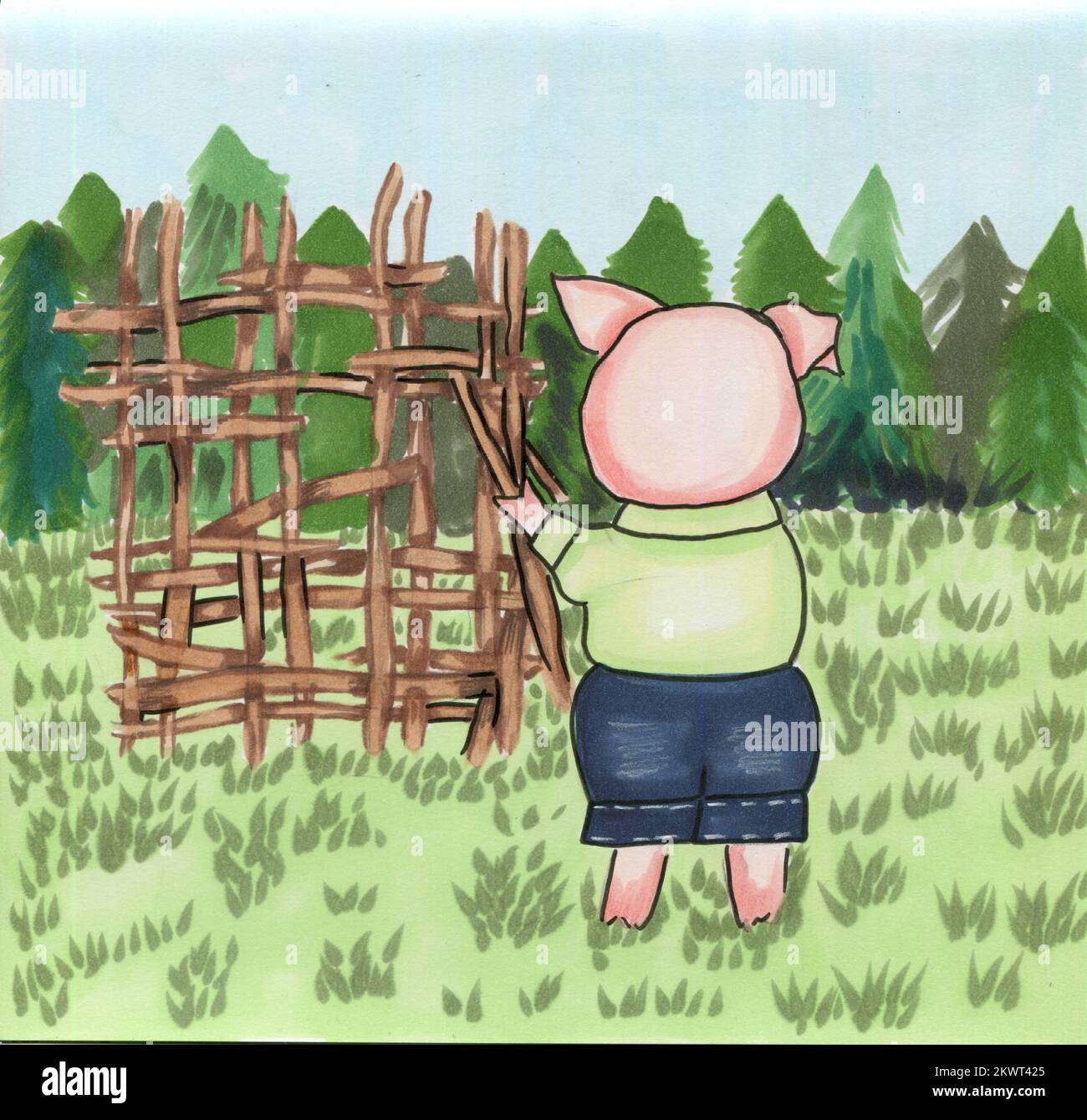 Aquarell, von Hand gezeichnet, drei Schweine. Geschichte. Abbildungen und eine Abdeckung. Buchseite. Märchenbuch. Süße und lustige Zeichentrickfiguren. Perferct für Bücher, Stockfoto