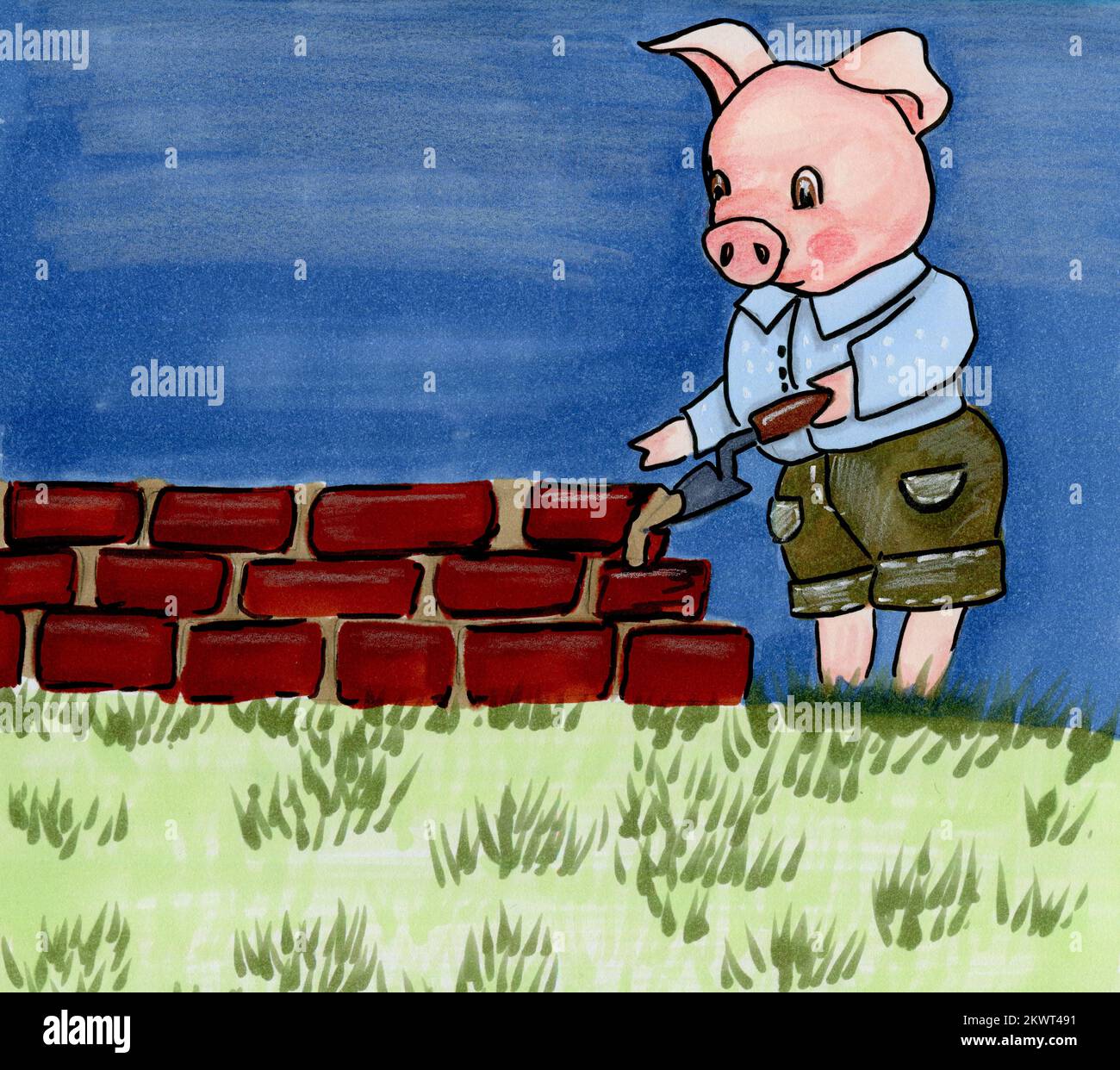 Aquarell, von Hand gezeichnet, drei Schweine. Geschichte. Abbildungen und eine Abdeckung. Buchseite. Märchenbuch. Süße und lustige Zeichentrickfiguren. Perferct für Bücher, Stockfoto