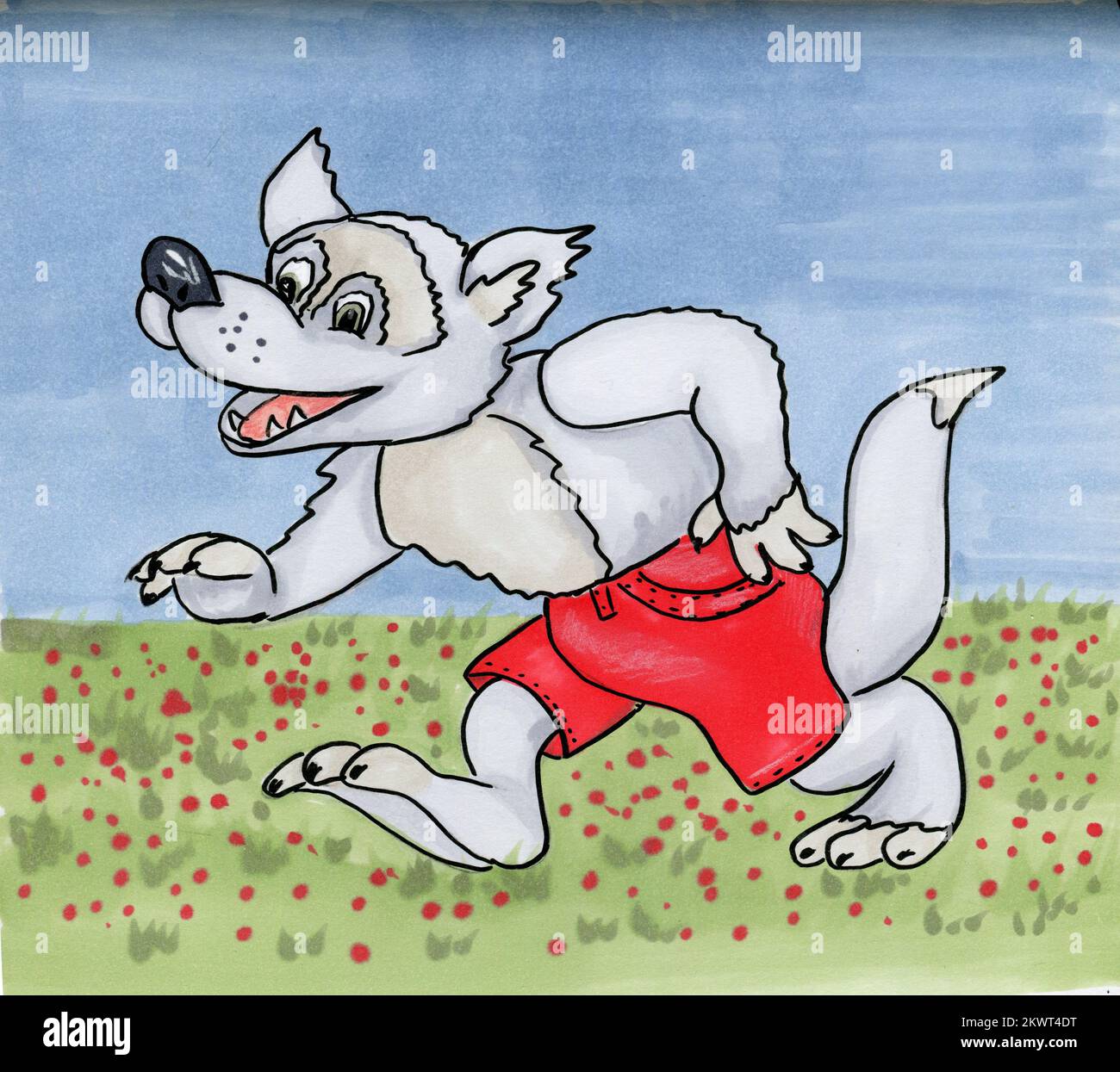 Aquarell, von Hand gezeichnet, drei Schweine. Geschichte. Abbildungen und eine Abdeckung. Buchseite. Märchenbuch. Süße und lustige Zeichentrickfiguren. Perferct für Bücher, Stockfoto