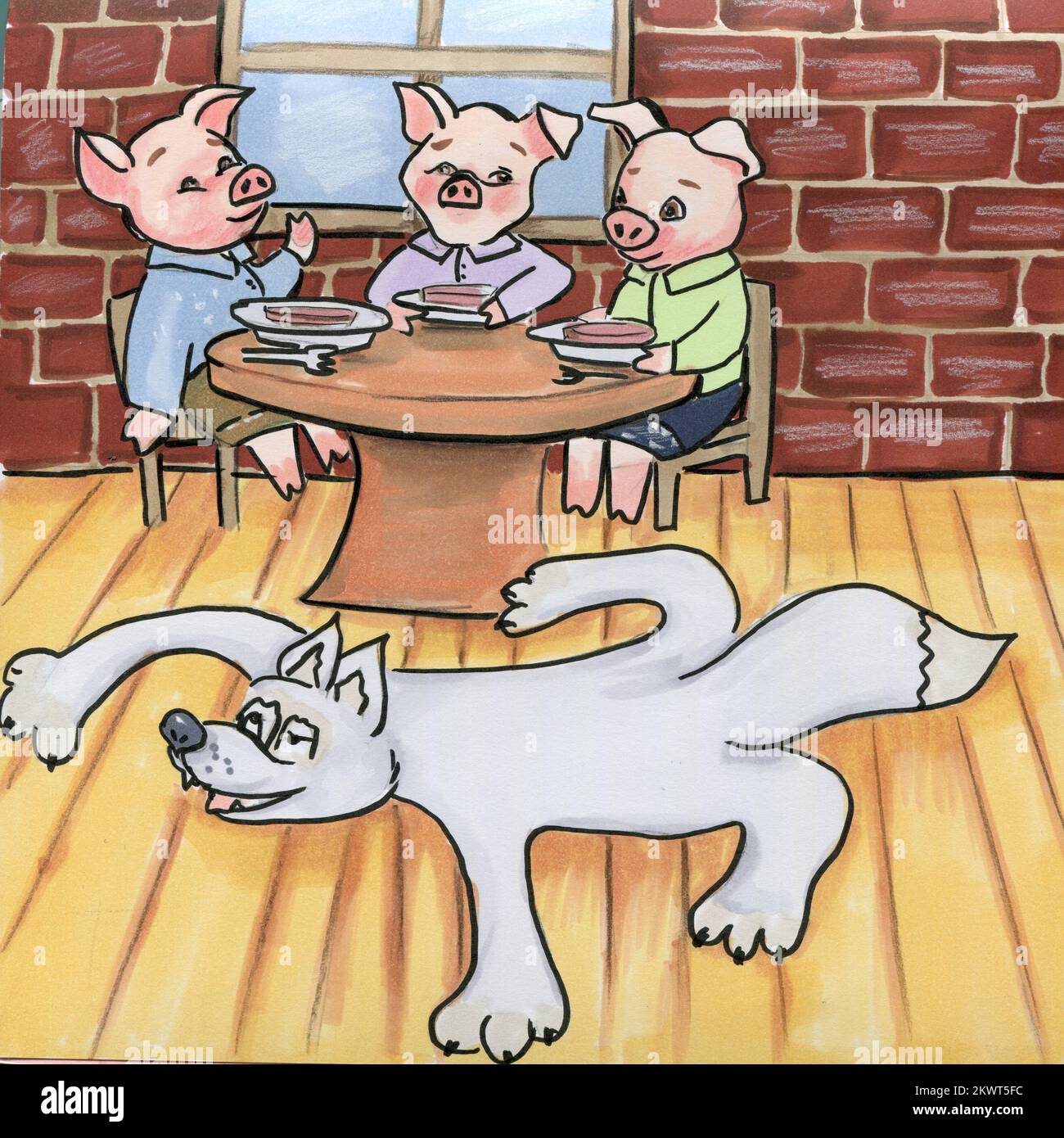 Aquarell, von Hand gezeichnet, drei Schweine. Geschichte. Abbildungen und eine Abdeckung. Buchseite. Märchenbuch. Süße und lustige Zeichentrickfiguren. Perferct für Bücher, Stockfoto