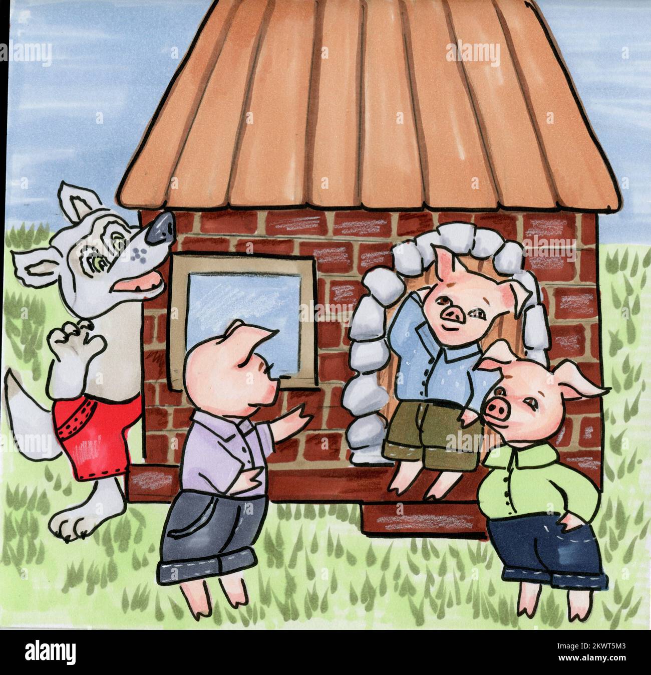 Aquarell, von Hand gezeichnet, drei Schweine. Geschichte. Abbildungen und eine Abdeckung. Buchseite. Märchenbuch. Süße und lustige Zeichentrickfiguren. Perferct für Bücher, Stockfoto