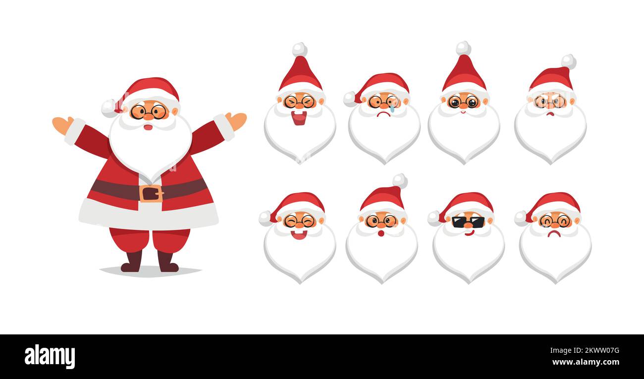 Emoji-Set aus Weihnachtsmann-Kopf mit verschiedenen Emotionen, wütend, überrascht, glücklich, süß. Vektor-weihnachtsset für Design isoliert auf weißem Hintergrund Stock Vektor