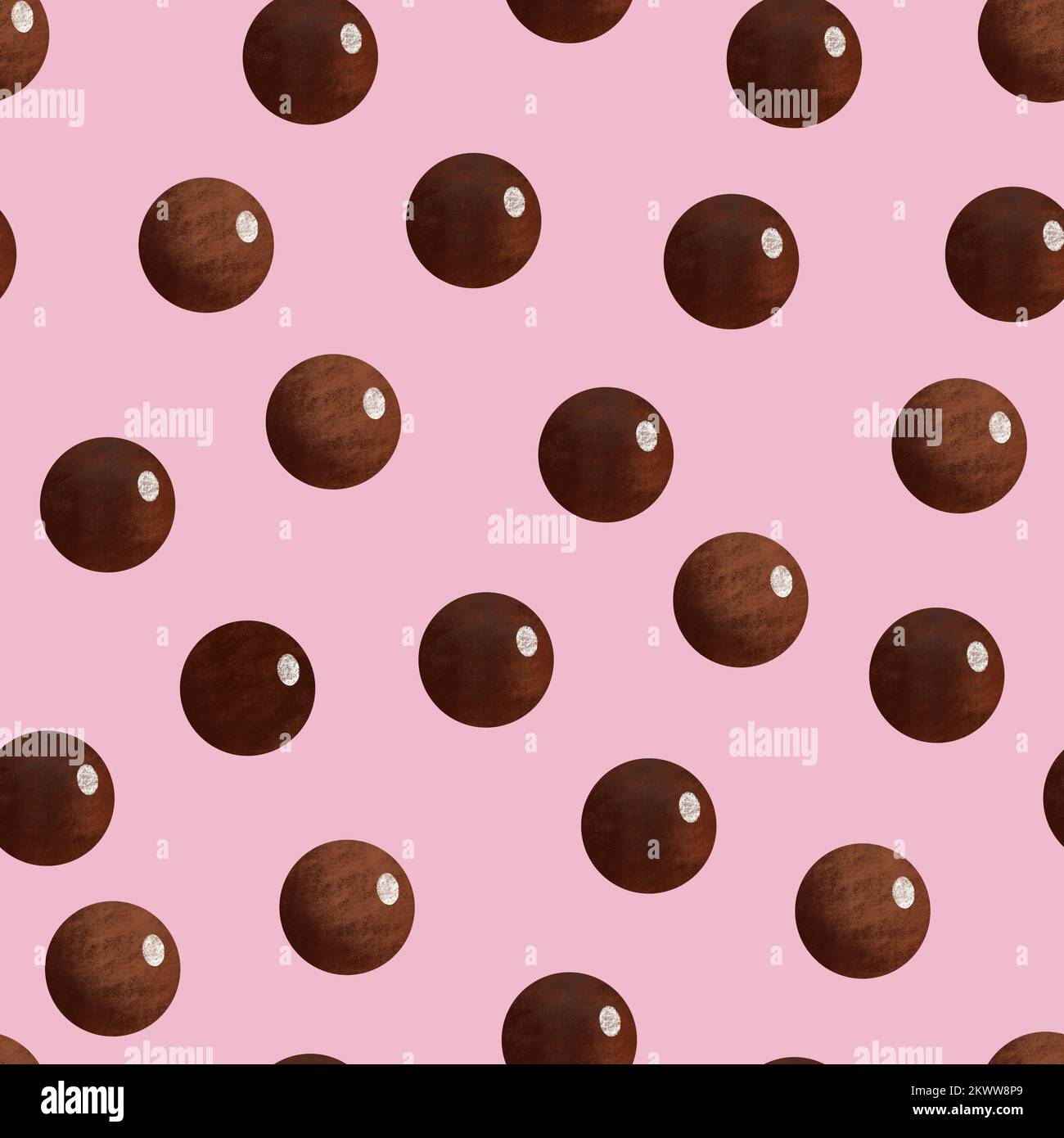 Rasterdarstellung handgezeichneter Cartoon-Tapioca-Bälle. Nahtloses Muster mit Struktur für Seifenmilchtee auf pinkfarbenem Hintergrund. Stockfoto