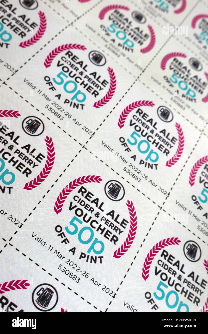 CAMRA, Campaign for Real Ale, 50p Rabatt auf Gutscheine für ein Bier Stockfoto