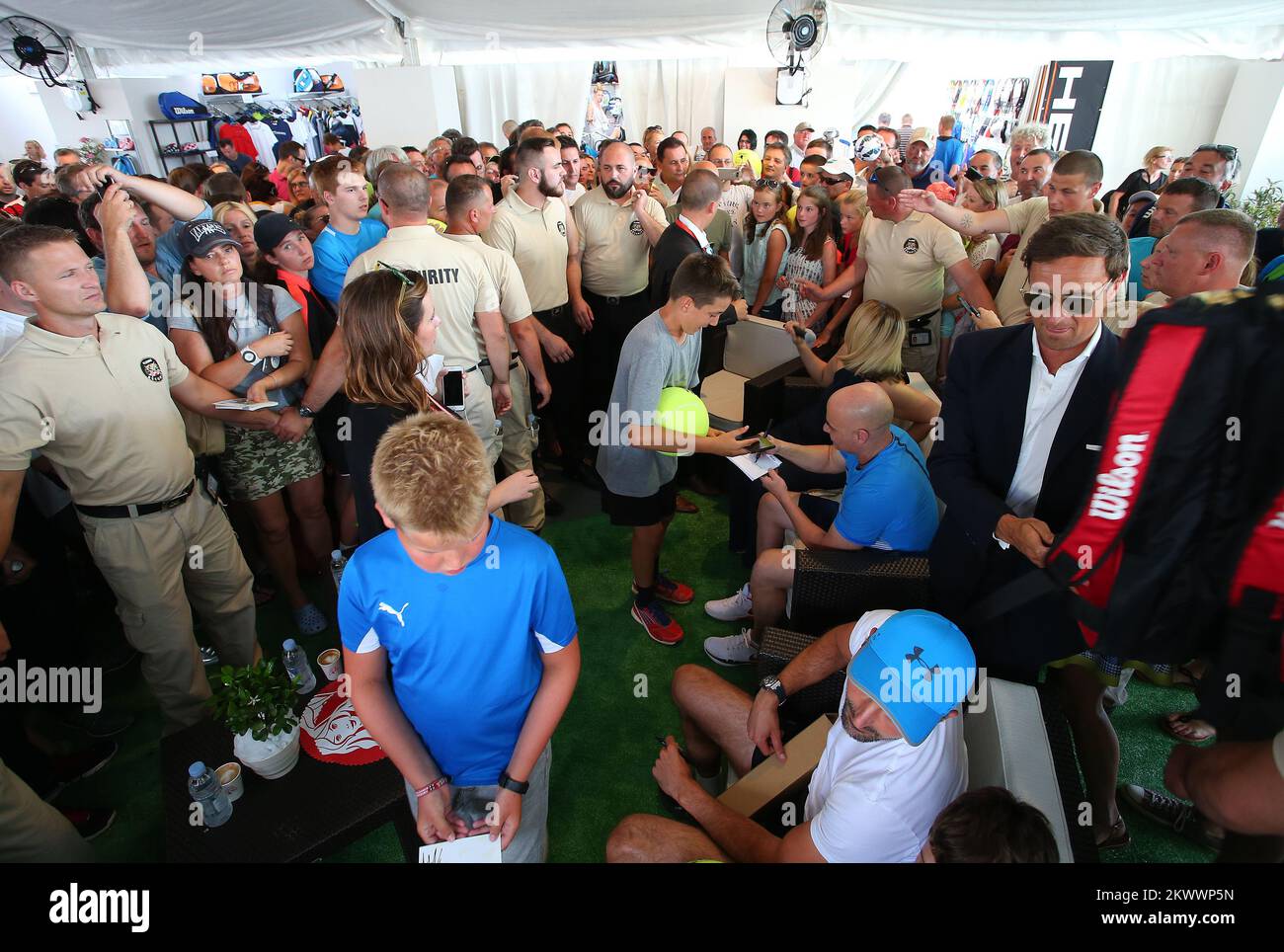16.07.2016., Umag , Kroatien - Kroatien Open Umag, Live-Chat und Autogrammsitzung Andre Agassi, Goran Ivanisevic und Juan Carlos Ferrero. Stockfoto