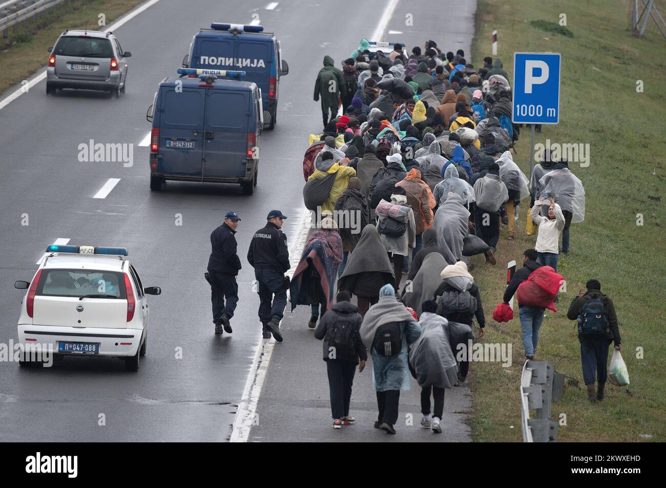 12.11.2016., Belgrad, Serbien - Eine Gruppe von mehr als 100 Migranten, überwiegend aus Afghanistan und Pakistan, ging zu Fuß von Belgrad nach Kroatien, und sie befinden sich derzeit auf der E-70 in der Nähe von Pecinac. Foto: Srdjan Ilic/PIXSELL Stockfoto