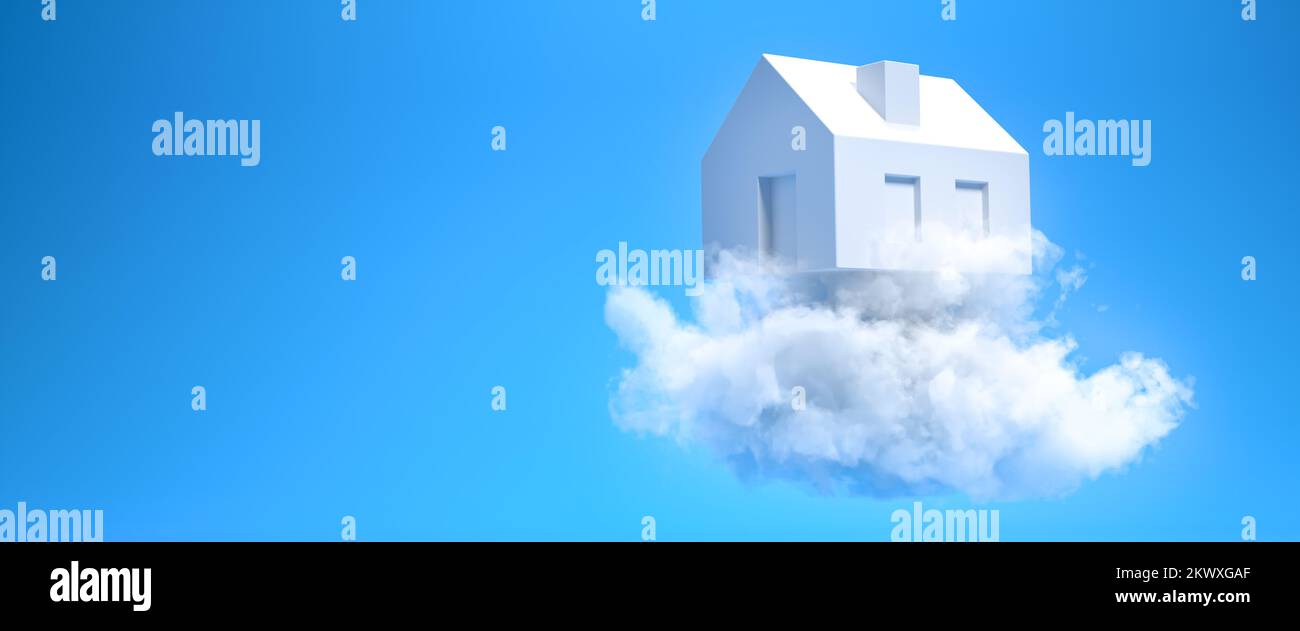 Ein Familienheim in der Cloud: Konzept für den Traum eines Privathauses. Webbannerformat mit Kopierbereich Stockfoto