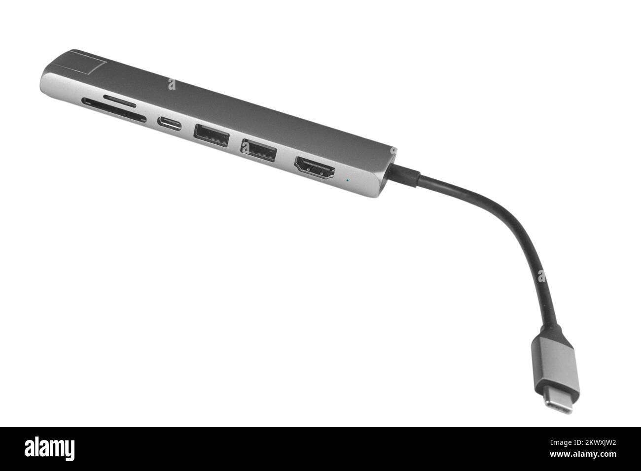 USB-Typ-C-Adapter-Hub mit hdmi-, ethernet-, HDMI-, USB- und SD microSD-Kabeln. Konverterkabel für Computer und Smartphones isoliert auf weißem Hintergrund Stockfoto