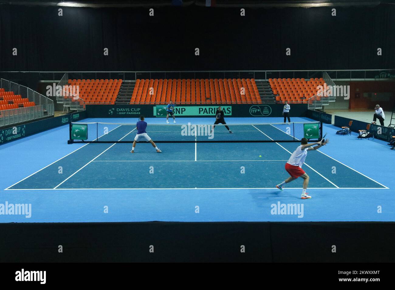 31.01.2017., Team Zenica - Polen während des Trainings in der Arena Zenica vor dem Davis Cup-Spiel mit Bosnien und Herzegowina in Gruppe I, 1.. Runde. Marcin Matkowski, Lukasz Kubot, Hubert Hurkacz, Kamil Majchrzak Foto: Armin Durgut/HaloPix/PIXSELL Stockfoto