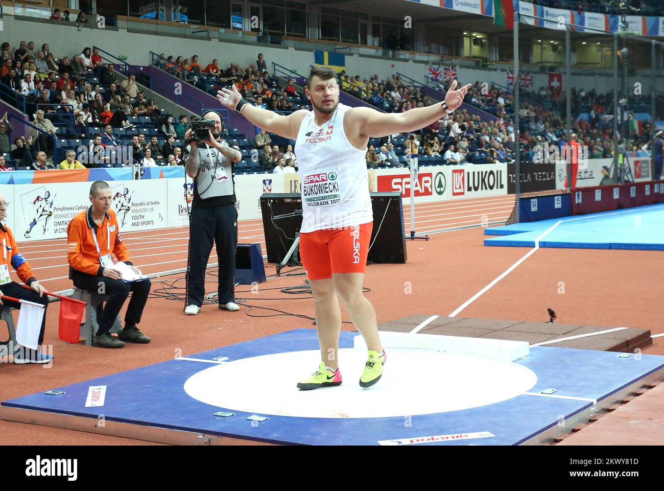 04.03.2017., Serbien, Belgrad - Kombank Arena, Europameisterschaft Der Leichtathletik In Der Halle Belgrad 2017. Qualifikationsrunden für Shoot Put Men. Konrad Bukowiecki. Foto: Sanjin Strukic/PIXSELL Stockfoto