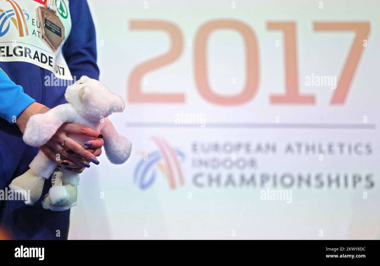 04.03.2017., Serbien, Belgrad - Kombank Arena, Europameisterschaft Der Leichtathletik In Der Halle Belgrad 2017. Auszeichnungen in der Disziplin High Jump Women. Bronzemedaillengewinnerin Julia Levchenko. Foto: Sanjin Strukic/PIXSELL Stockfoto