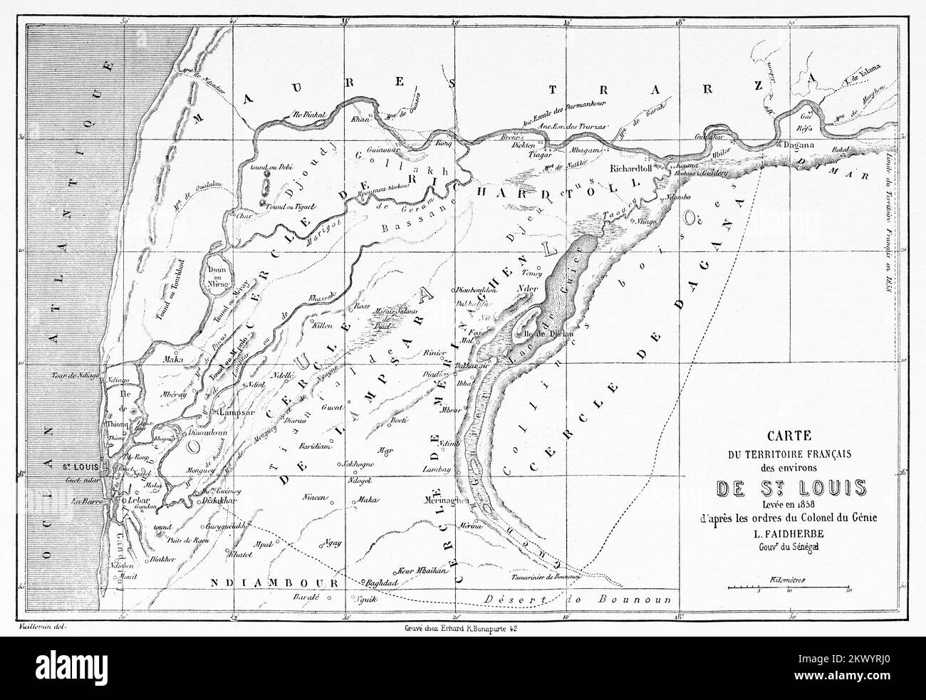 Karte des französischen Territoriums der Umgebung von St. Louis 1858, Senegal. Afrika. Reisen und Expedition nach Senegal und in die angrenzenden Länder 1847-1860 Stockfoto