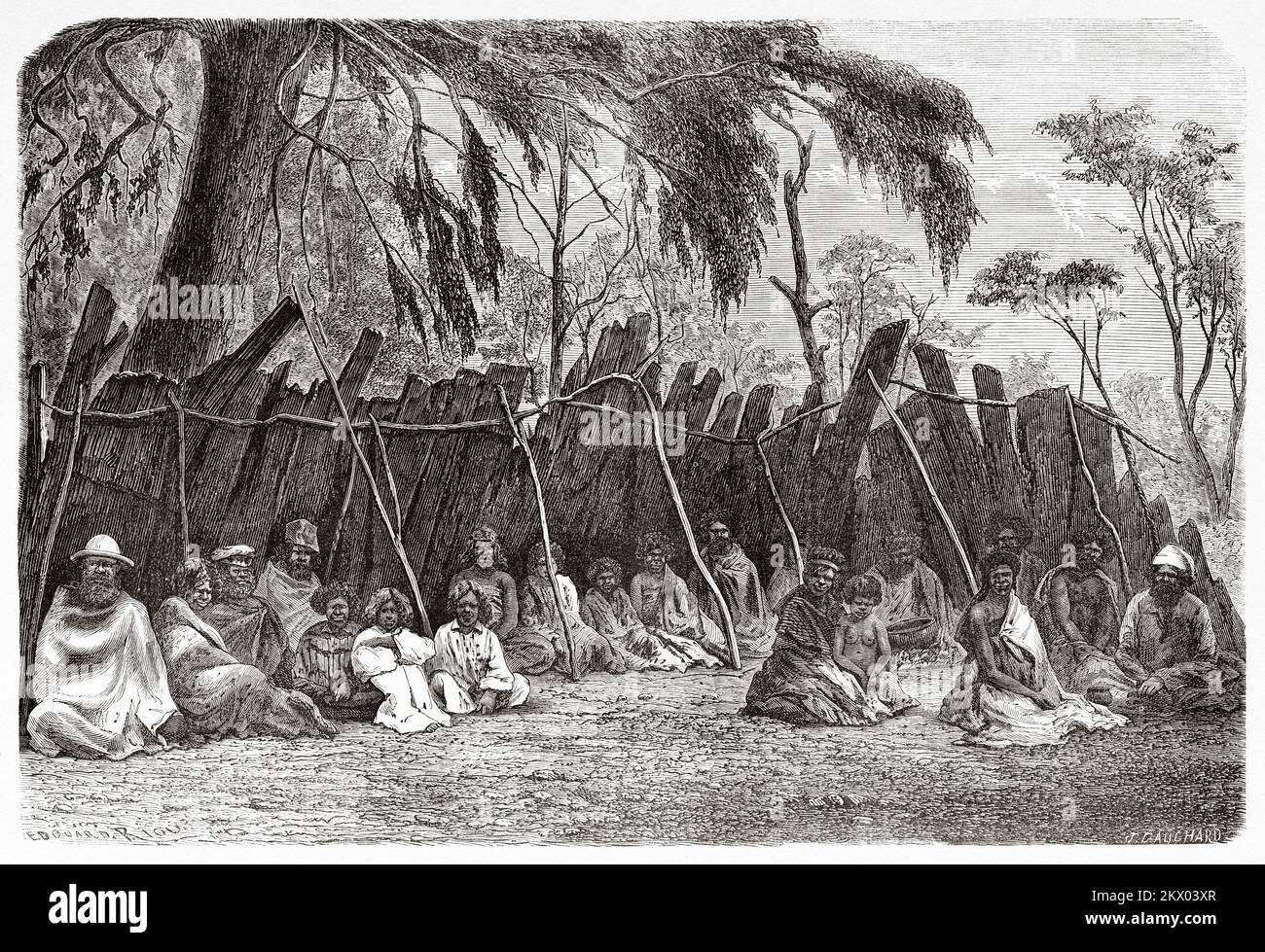 Australisches Heimatlager, australische Bundesstaaten Victoria, Australien. Souvenir eines französischen Hausbesetzers in Australien von H. de Castella 1854-1856 Stockfoto