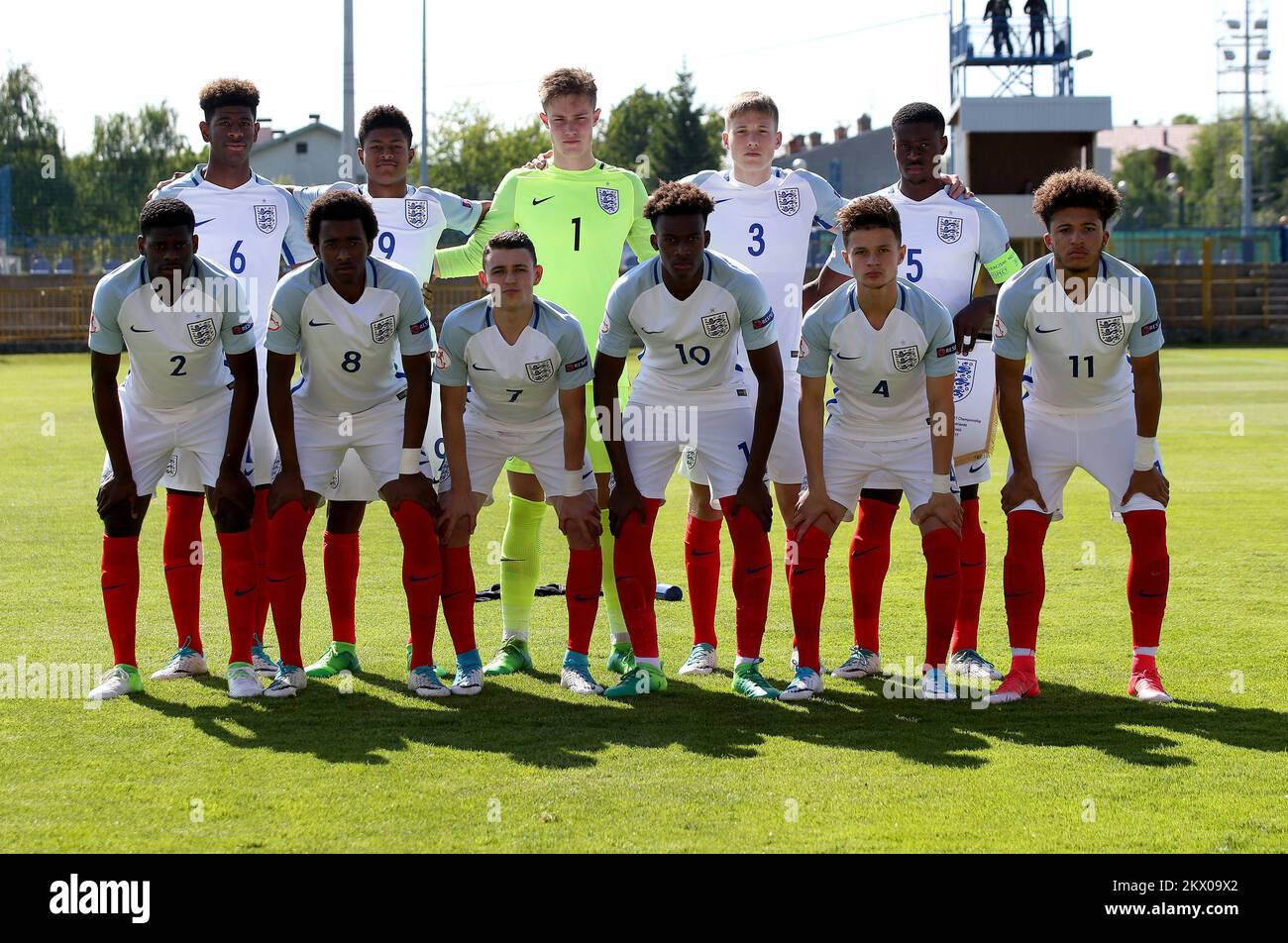 10.05.2017., Zapresic, Kroatien - UEFA European U-17 Championship 2017, Gruppe D, 3.. Runde, England gegen Niederlande. Jonathan Panzo, Rhian Brewster, Josef Bursik, Lewis Gibson, Marc Guehi, Timothy Eyoma, Tashan Oakley-Boothe, Phil Foden, Callum Hudson-Odoi, George McEachran, Jadon Sancho. Foto: Igor Kralj/PIXSELL Stockfoto