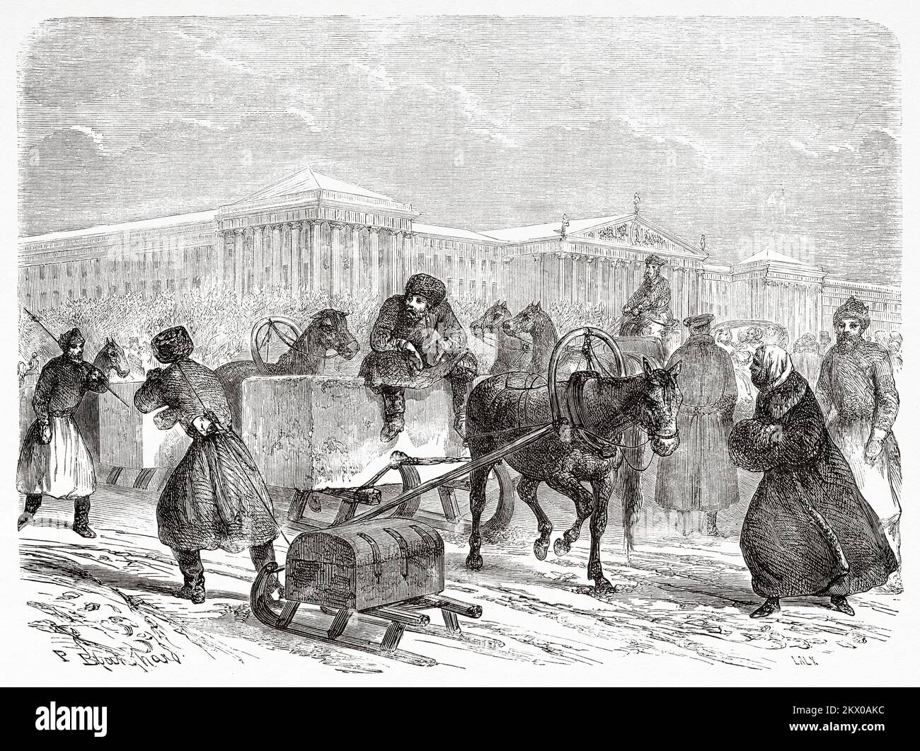 Transport von Eis auf einem Schlitten durch die Straßen von St. Petersburg, Russland. Ein Winter in St. Petersburg von Philippe Blanchard 1856. Le Tour du Monde 1861 Uhr Stockfoto