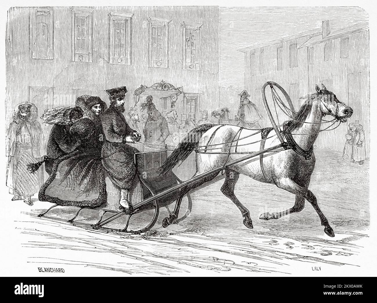 Ein Stadtschlitten, St. Petersburg, Russland. Ein Winter in St. Petersburg von Philippe Blanchard 1856. Le Tour du Monde 1861 Uhr Stockfoto